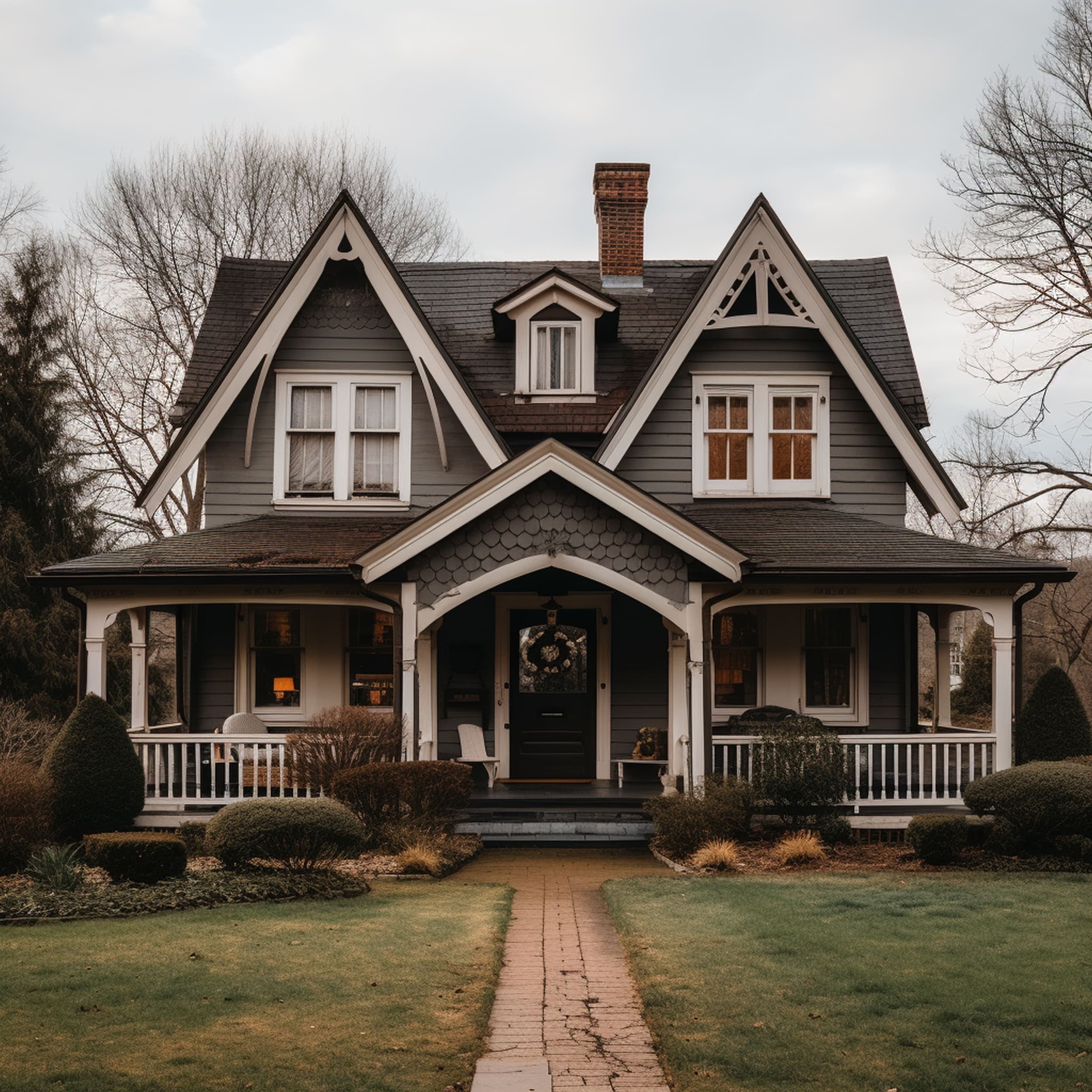 A Gray House With a Brown Roof