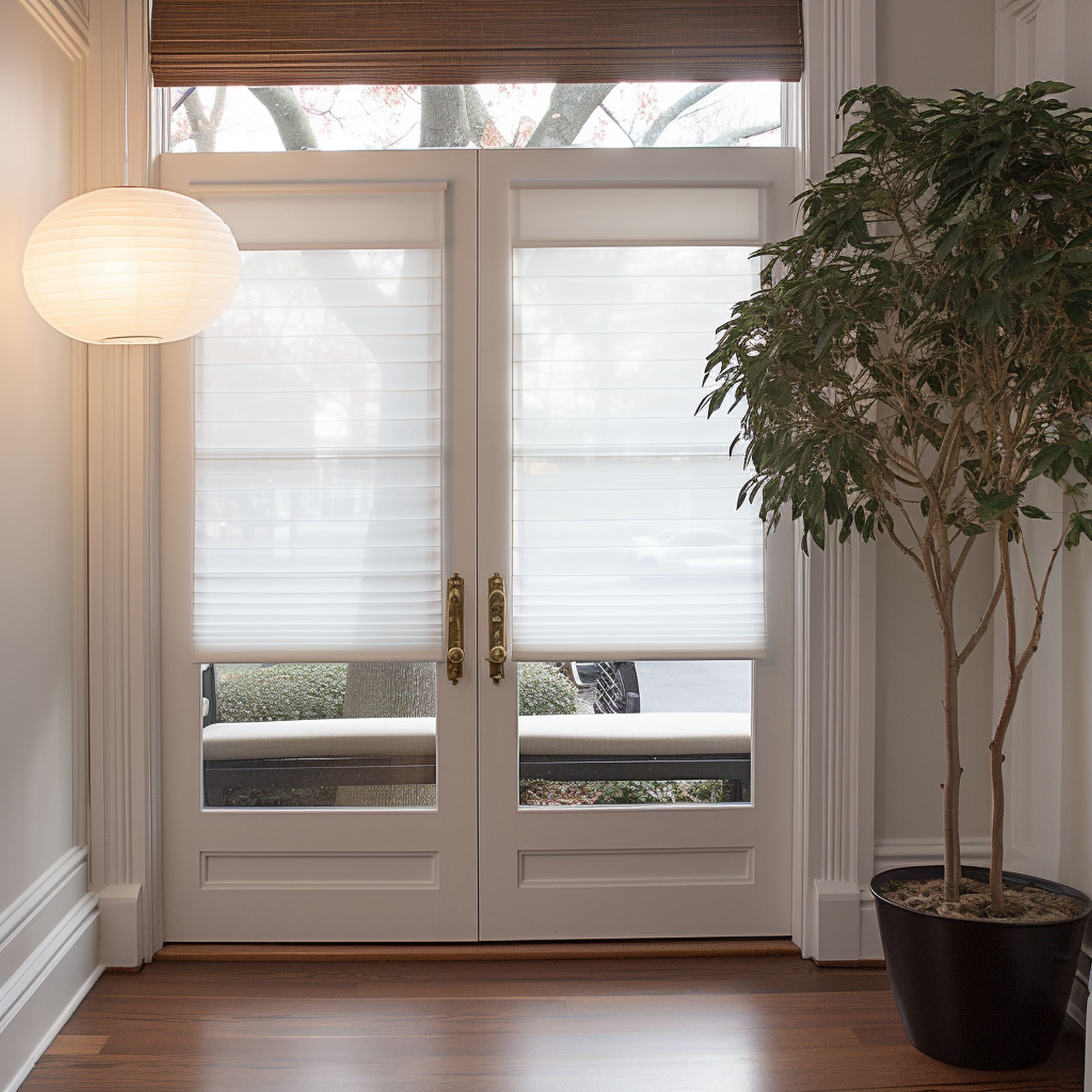 A Set of Glass Doors With Roman Shades Above it