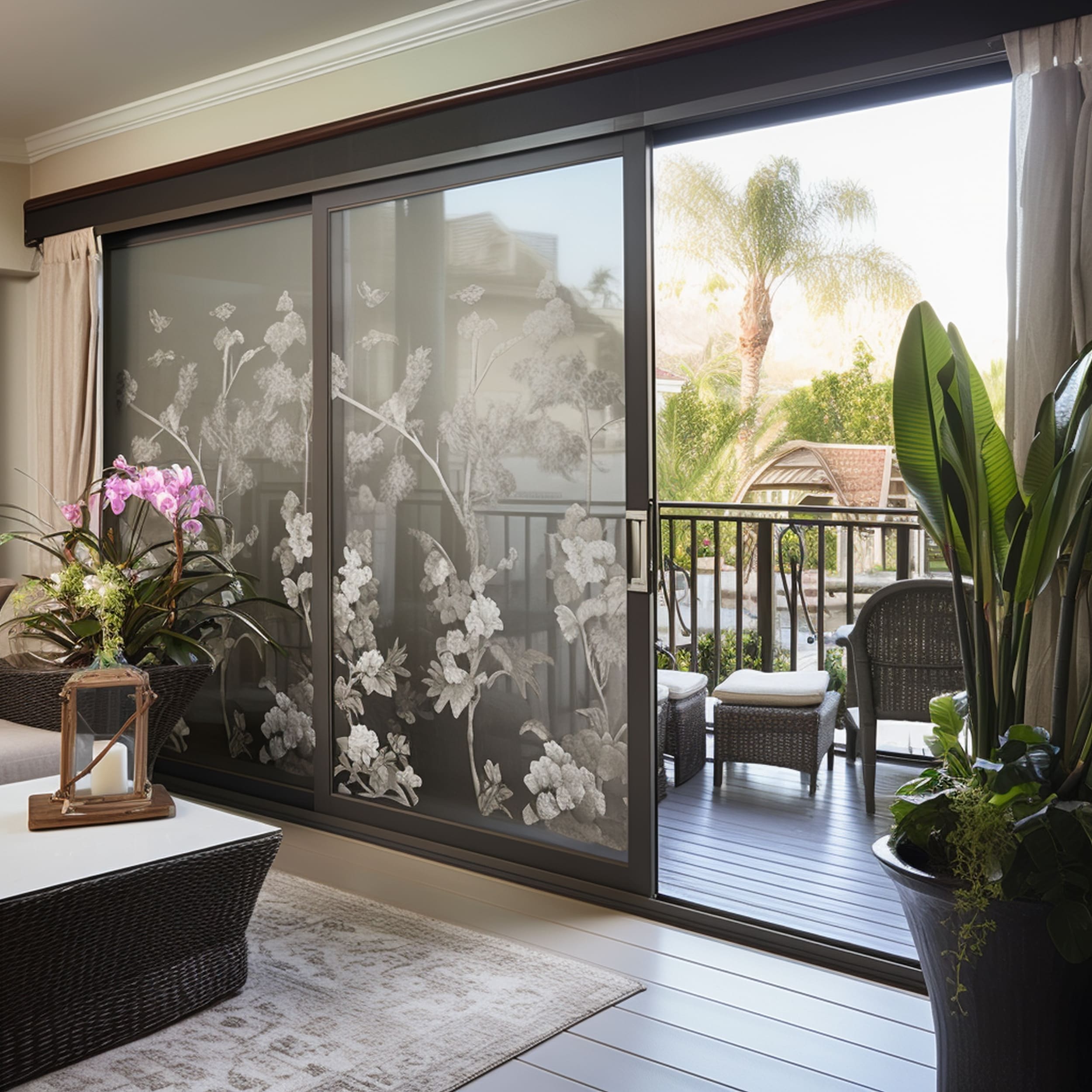 A Sliding Glass Door With a Floral Sliding Screen