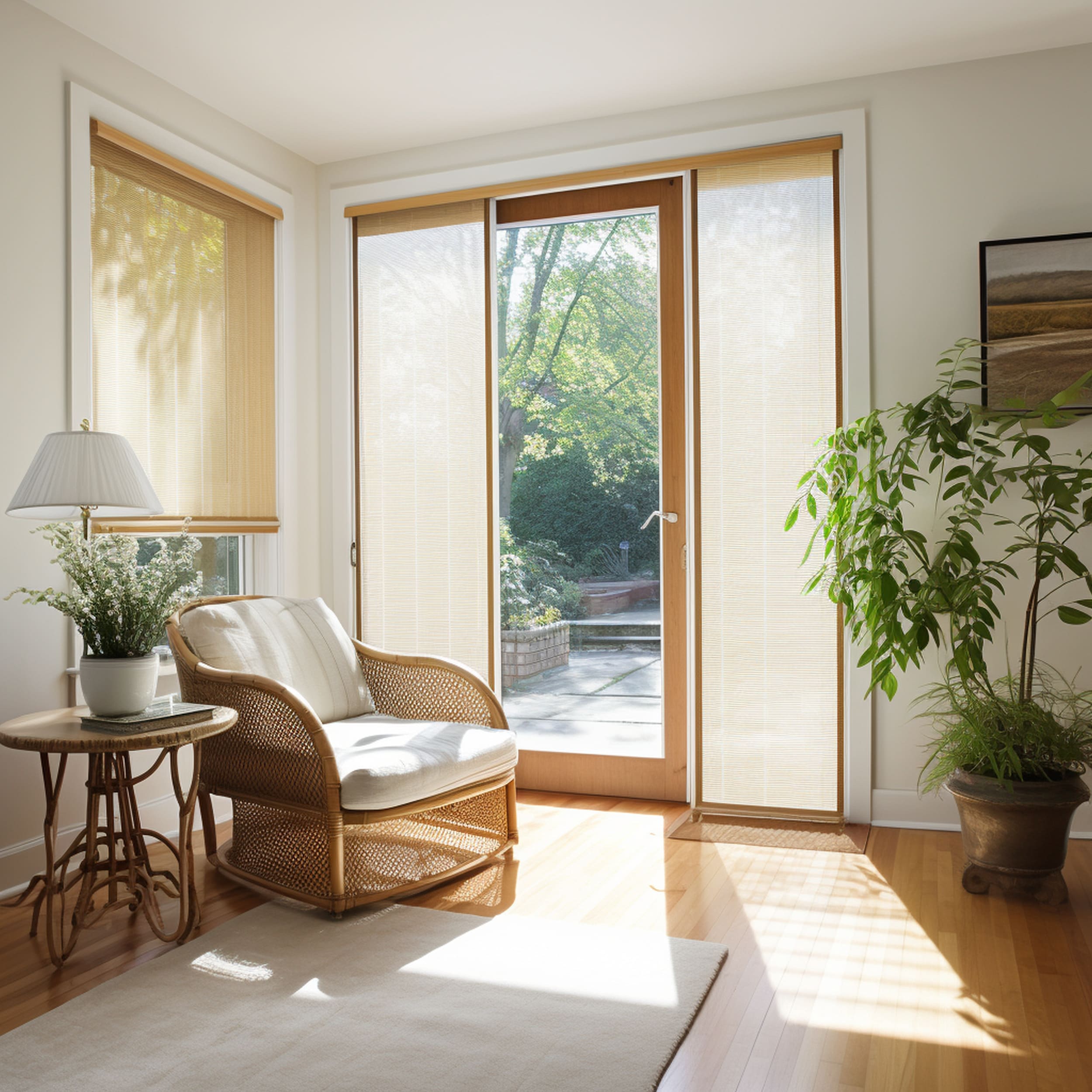 A Sliding Glass Door Covered With Vertical Cellular Shades