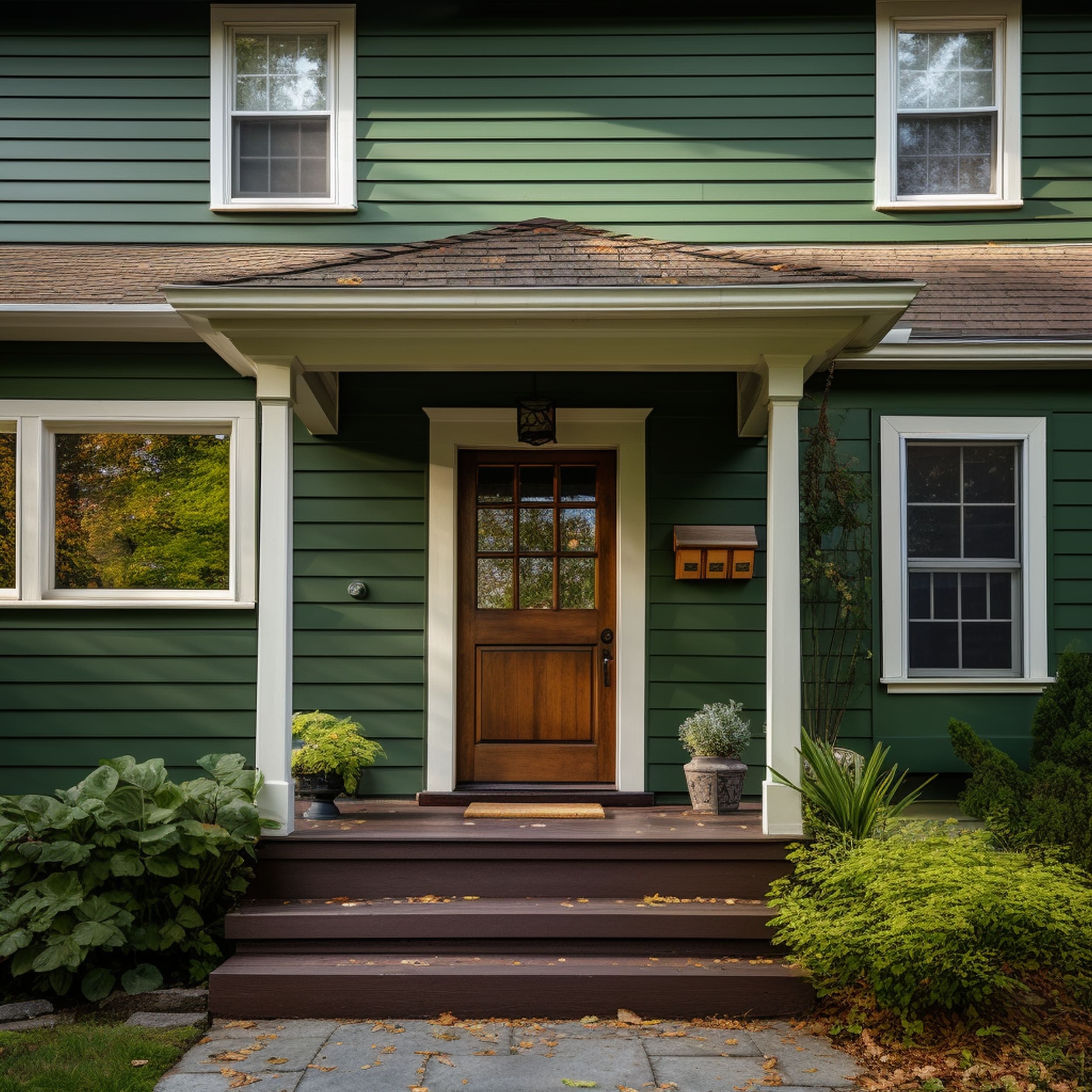A Green House With a Light Brown Front Door
