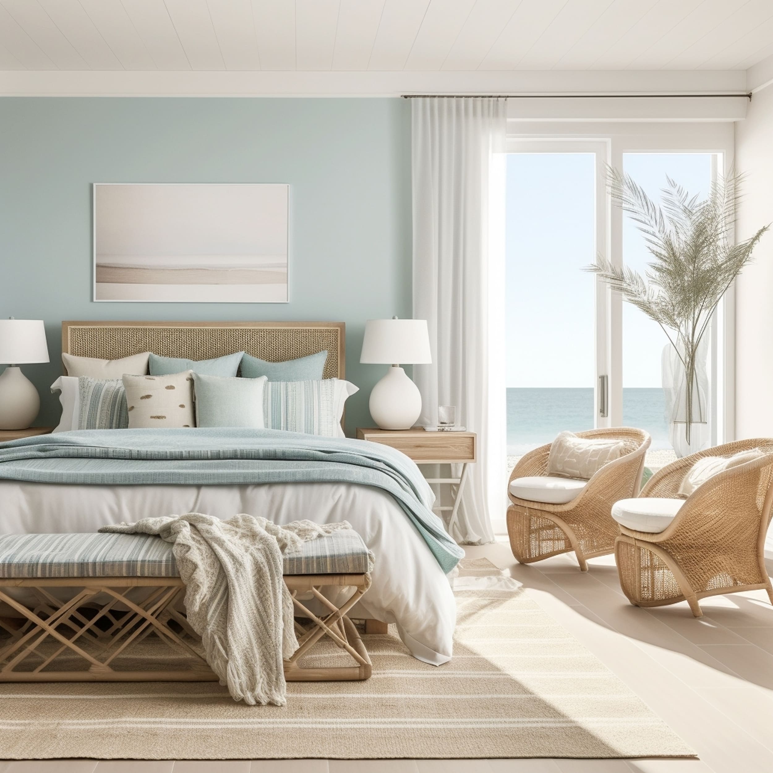 A Masculine Bedroom With a Breezy Coastal Theme and Bright Lighting