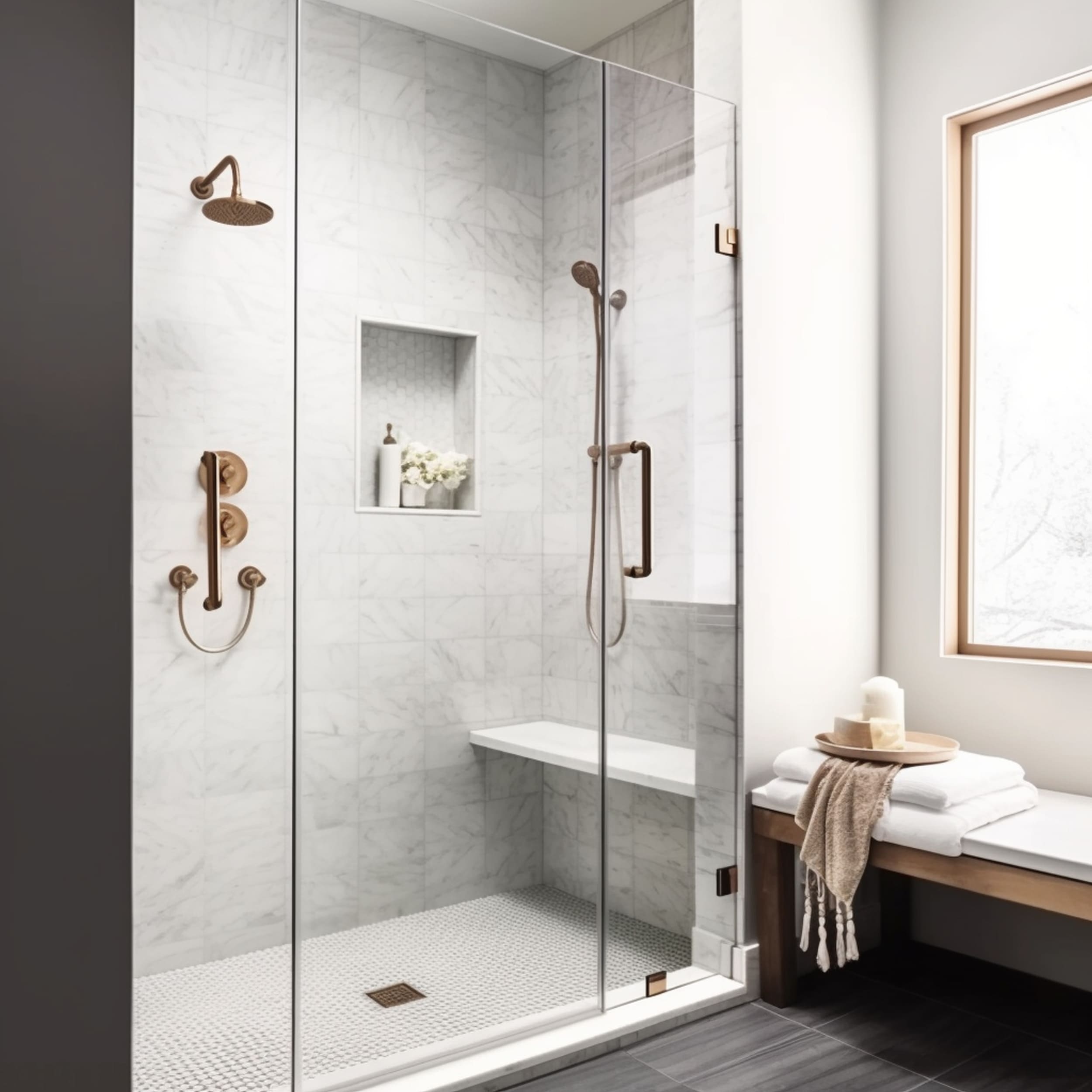 A Modern Shower With a Floating Bench Placed in the Corner