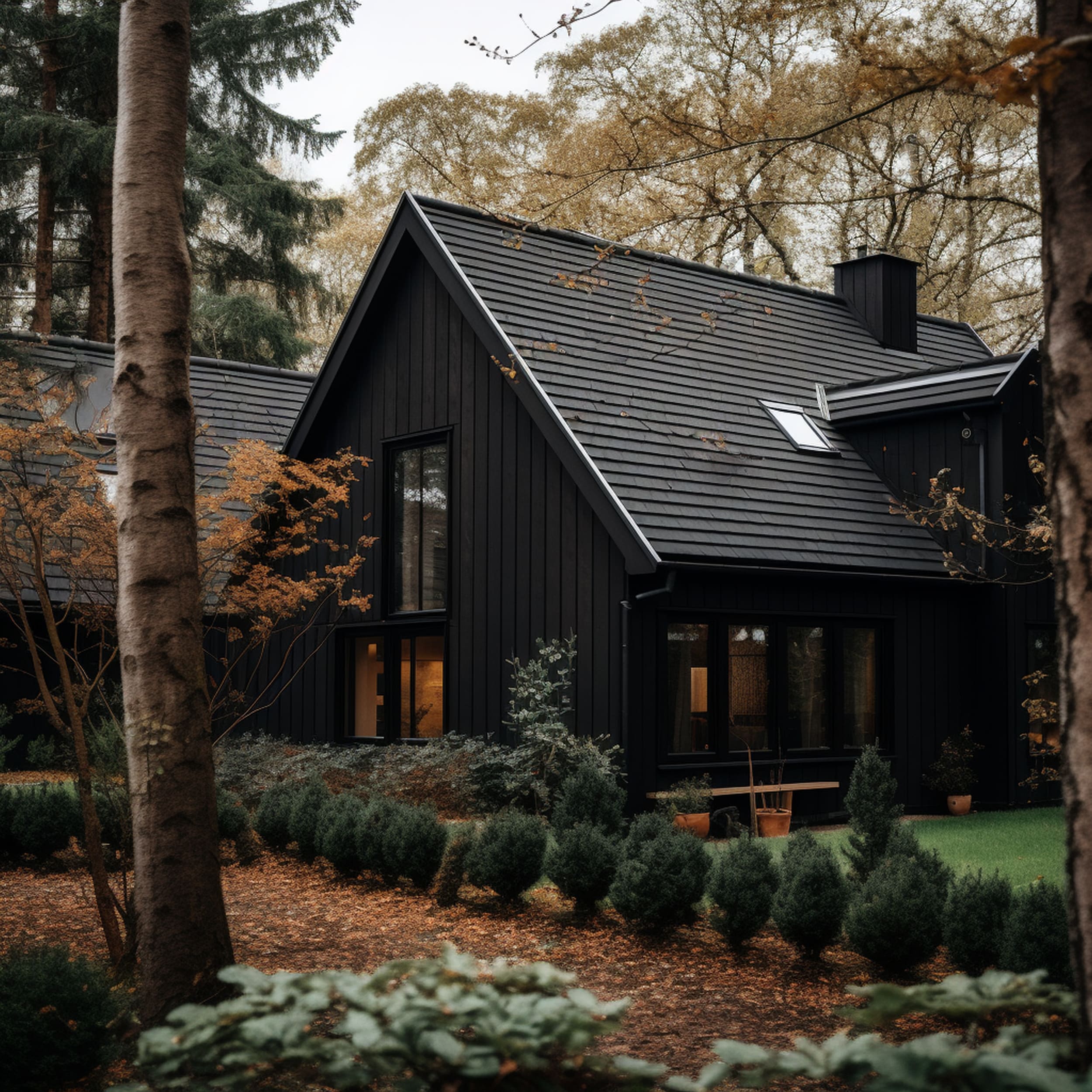 A Scandinavian House With a Black Roof and Black Siding