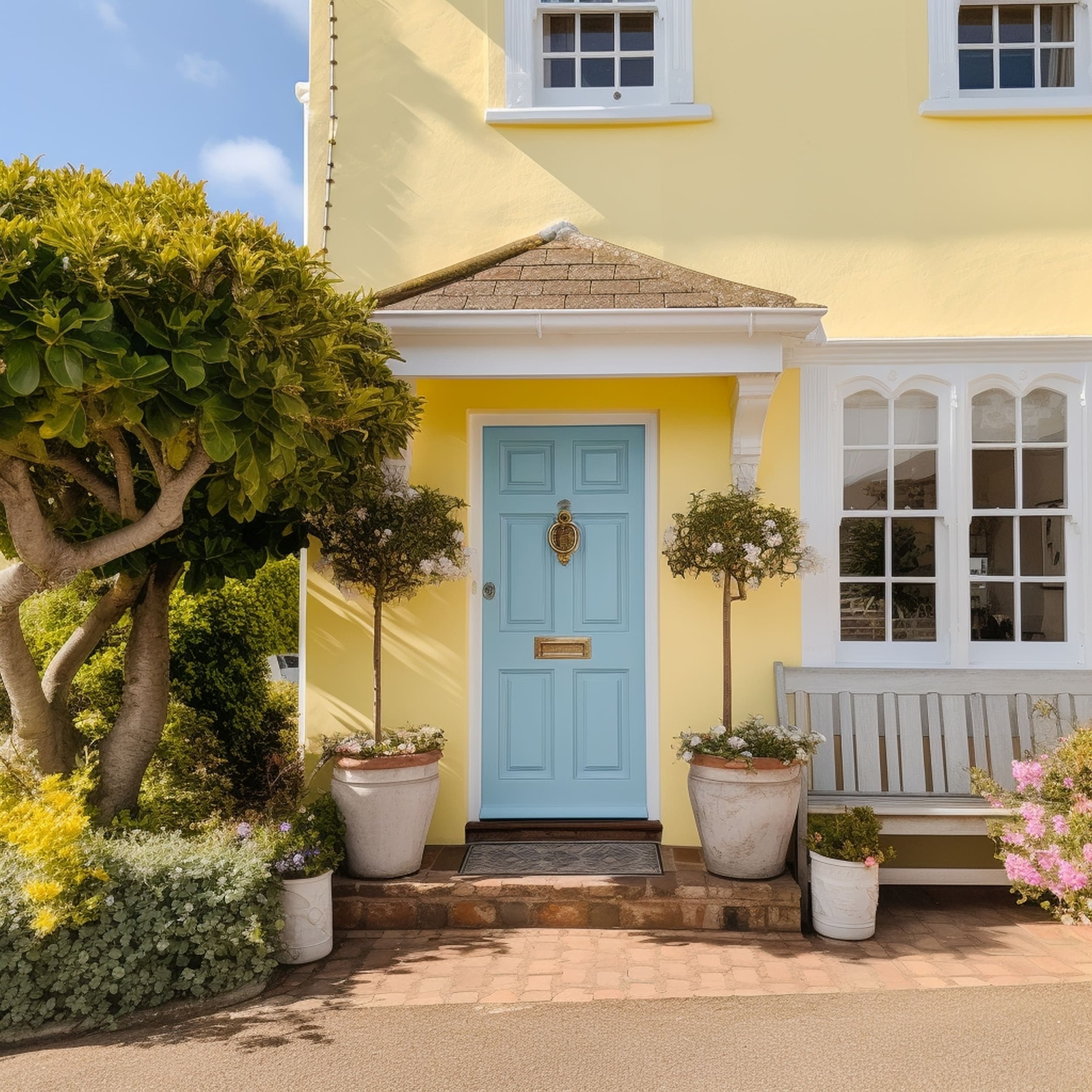 Coastal House With a Pale Yellow Design and a Light Blue Front Door