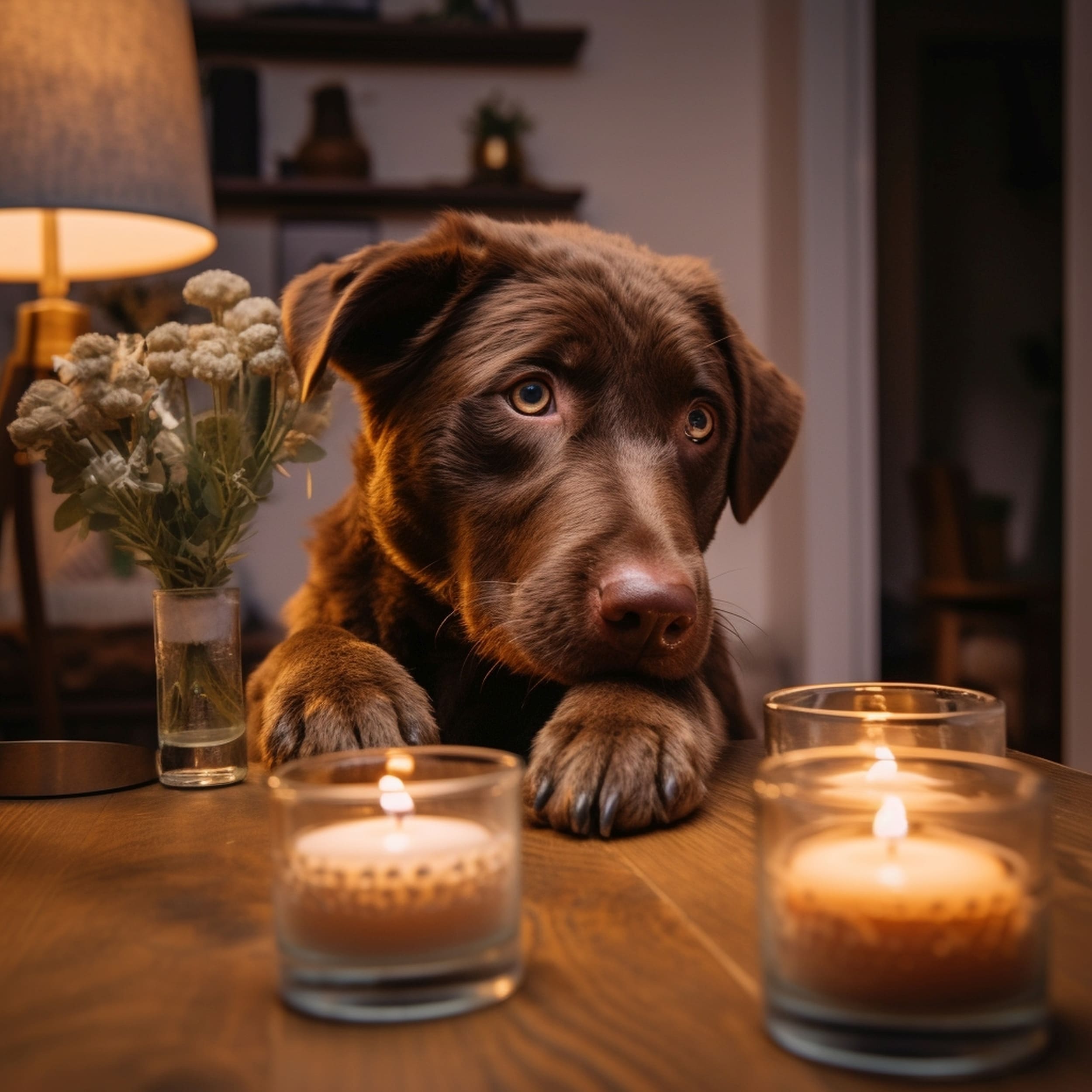 Dog Trying to Reach Lit Scented Candles on a Table