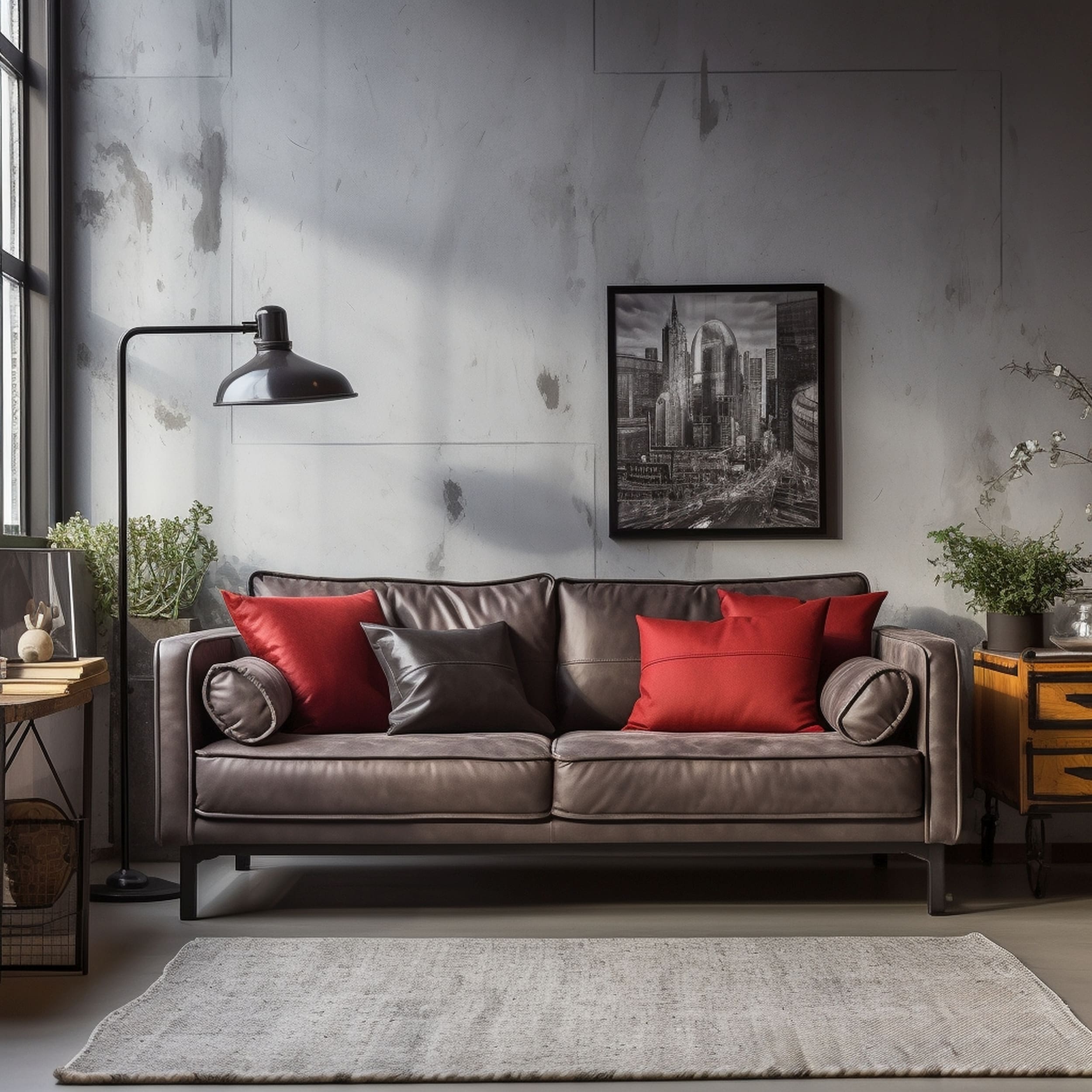 Industrial Living Room Featuring a Dark Gray Couch With Red Throw Pillows