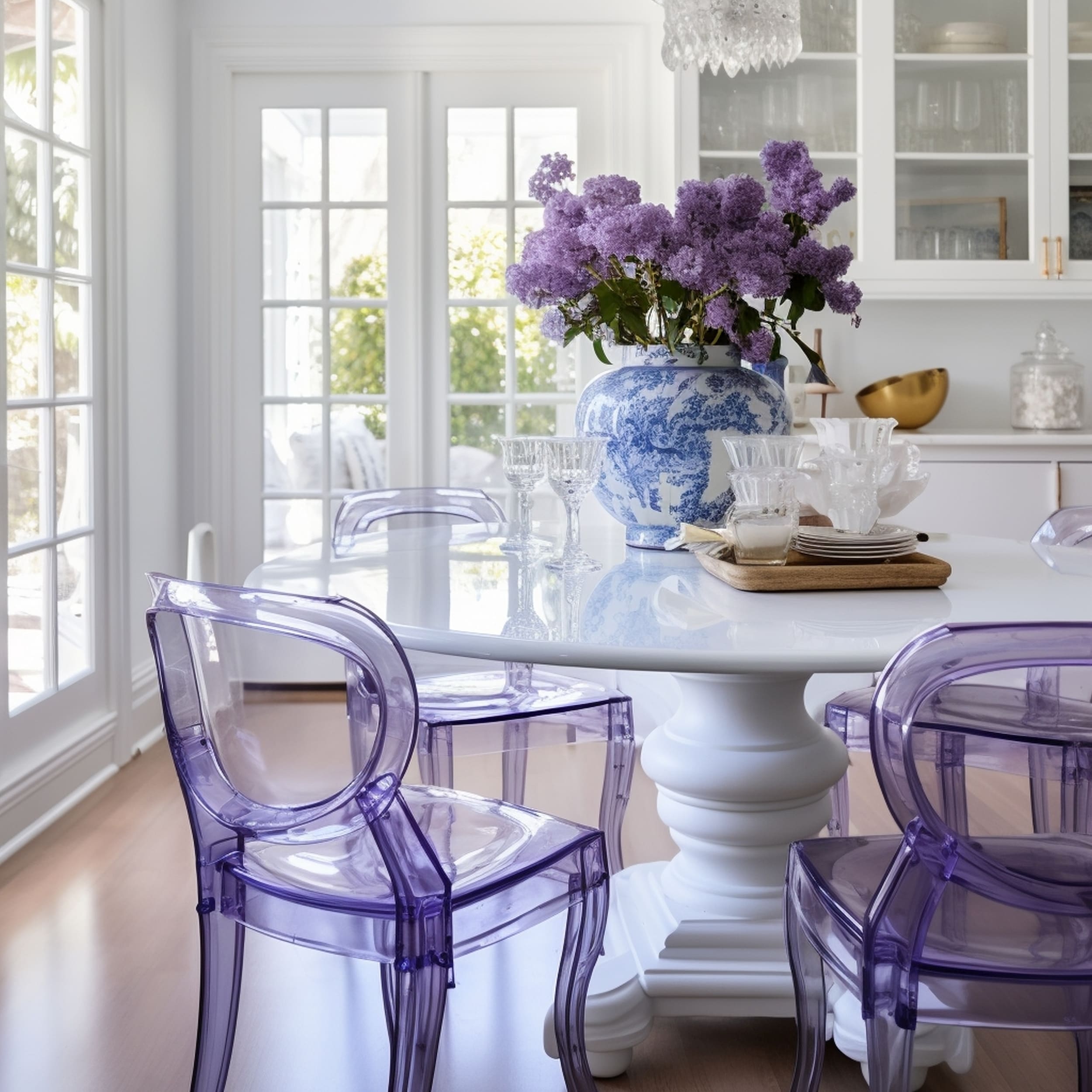 White Dining Room With Purple Ghost Chairs and Blue Flower Vase