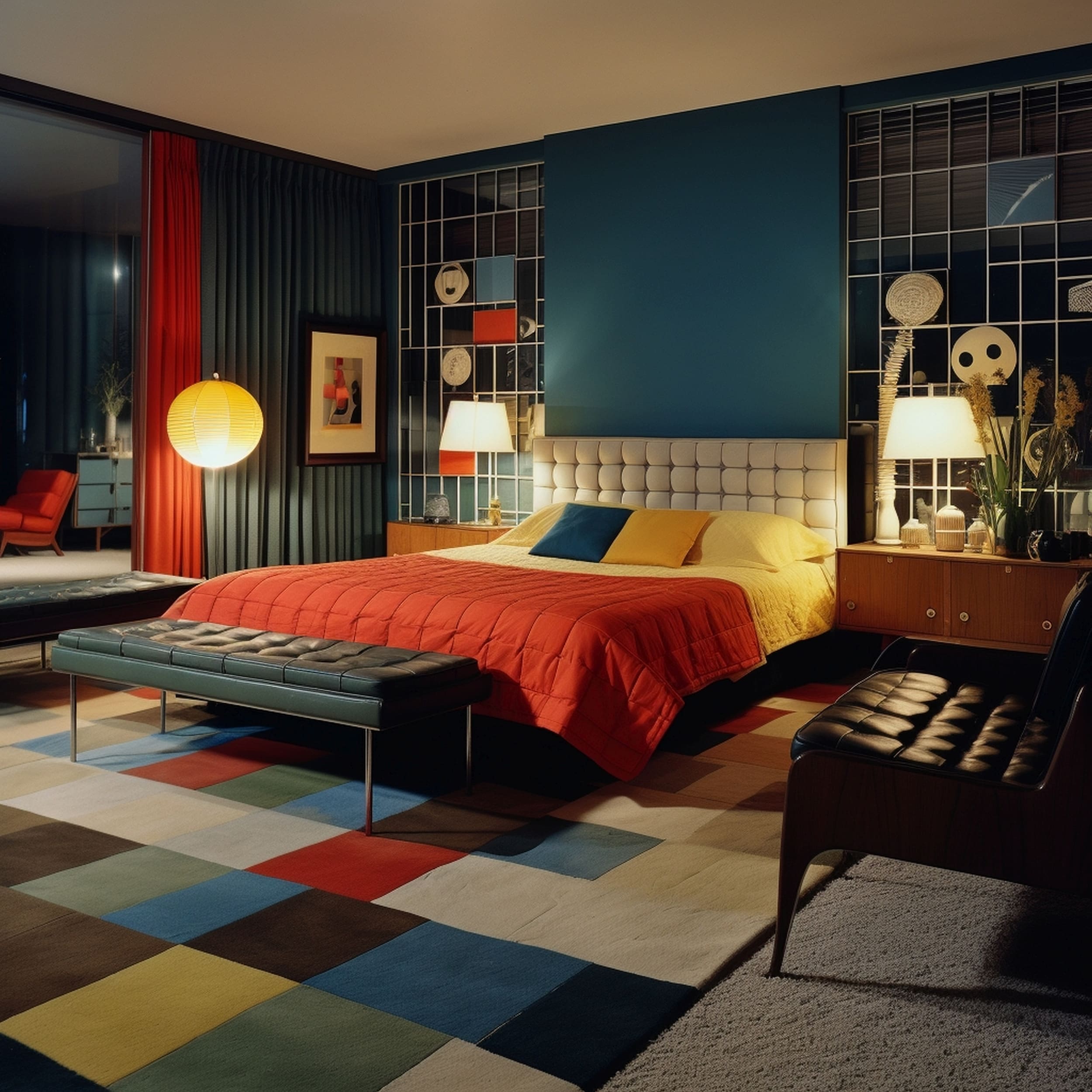 A Masculine Bedroom With a Distinctive Carpet Pattern and Bold Colors