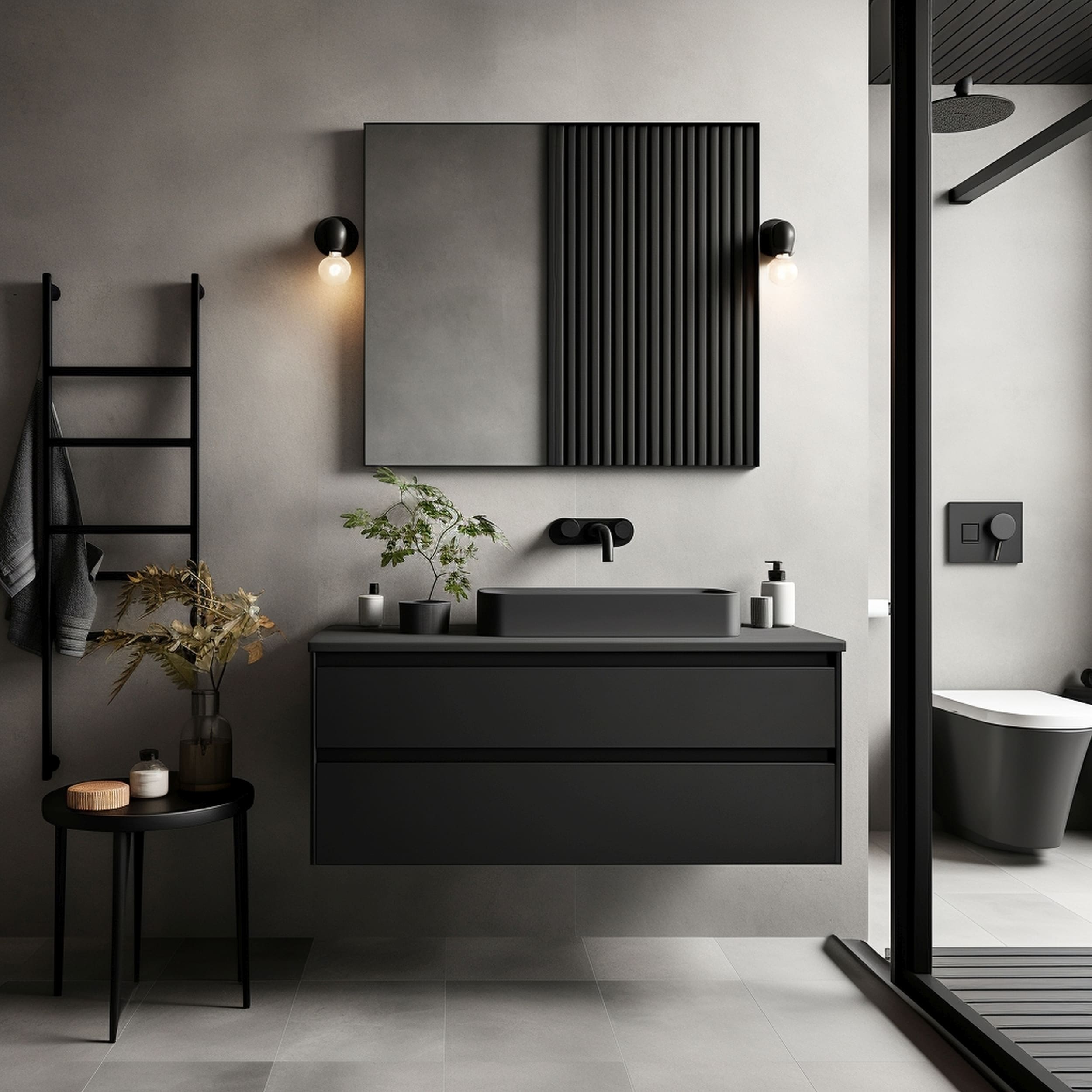 A Modern Gray Bathroom With Matte Black Fixtures in a Sleek Minimalist Design