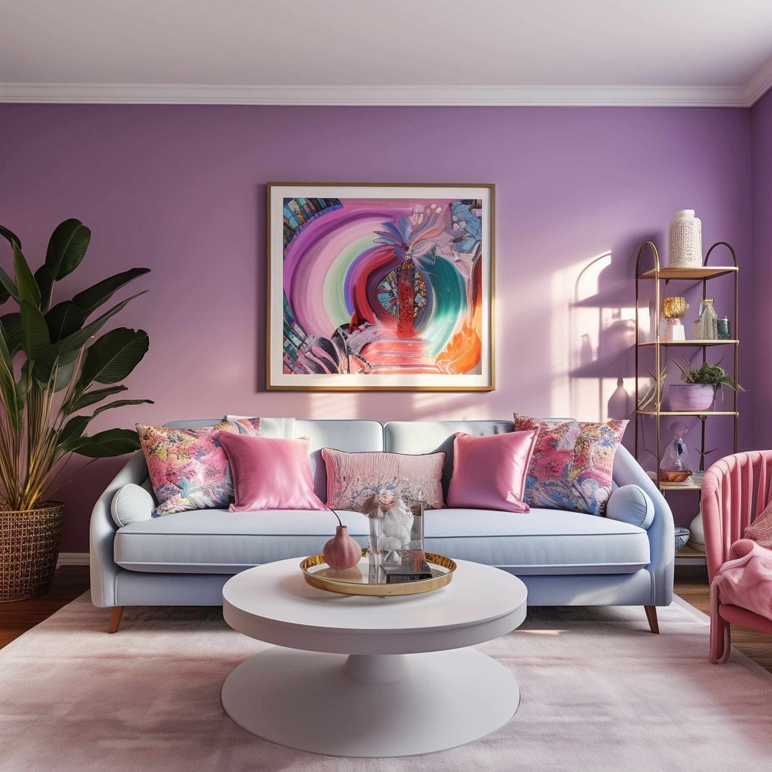 Living Room With a Light Blue Couch and Pink Throw Pillows
