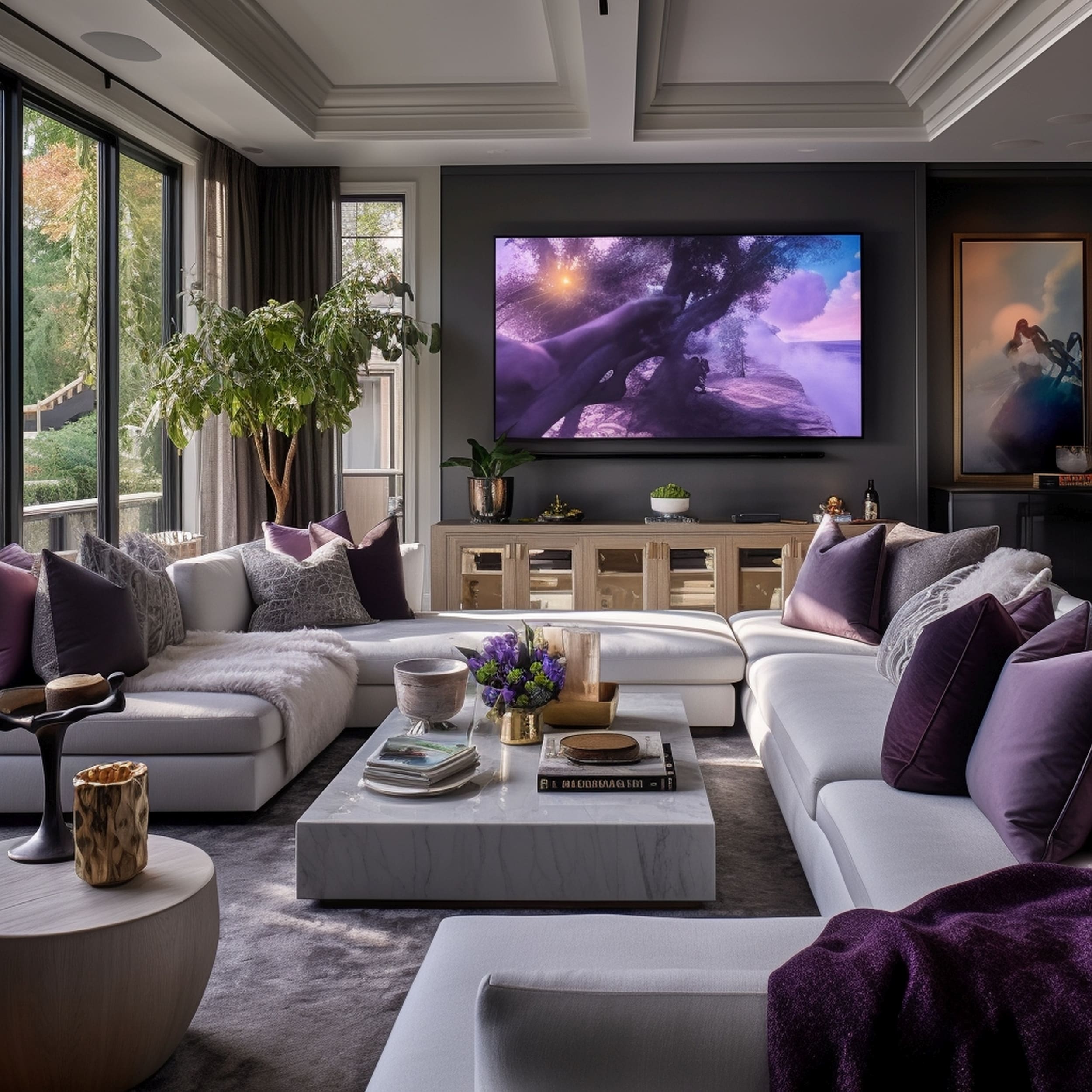 Modern Living Room Featuring a Large Light Gray Couch With Purple Throw Pillows