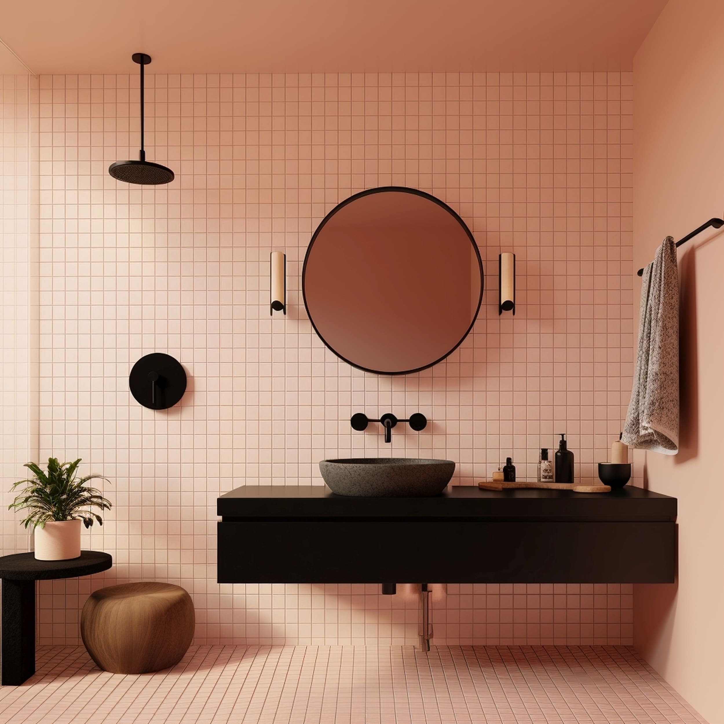 A Charming Feminine Bathroom With Matte Black Fixtures and Pale Pink Tiles