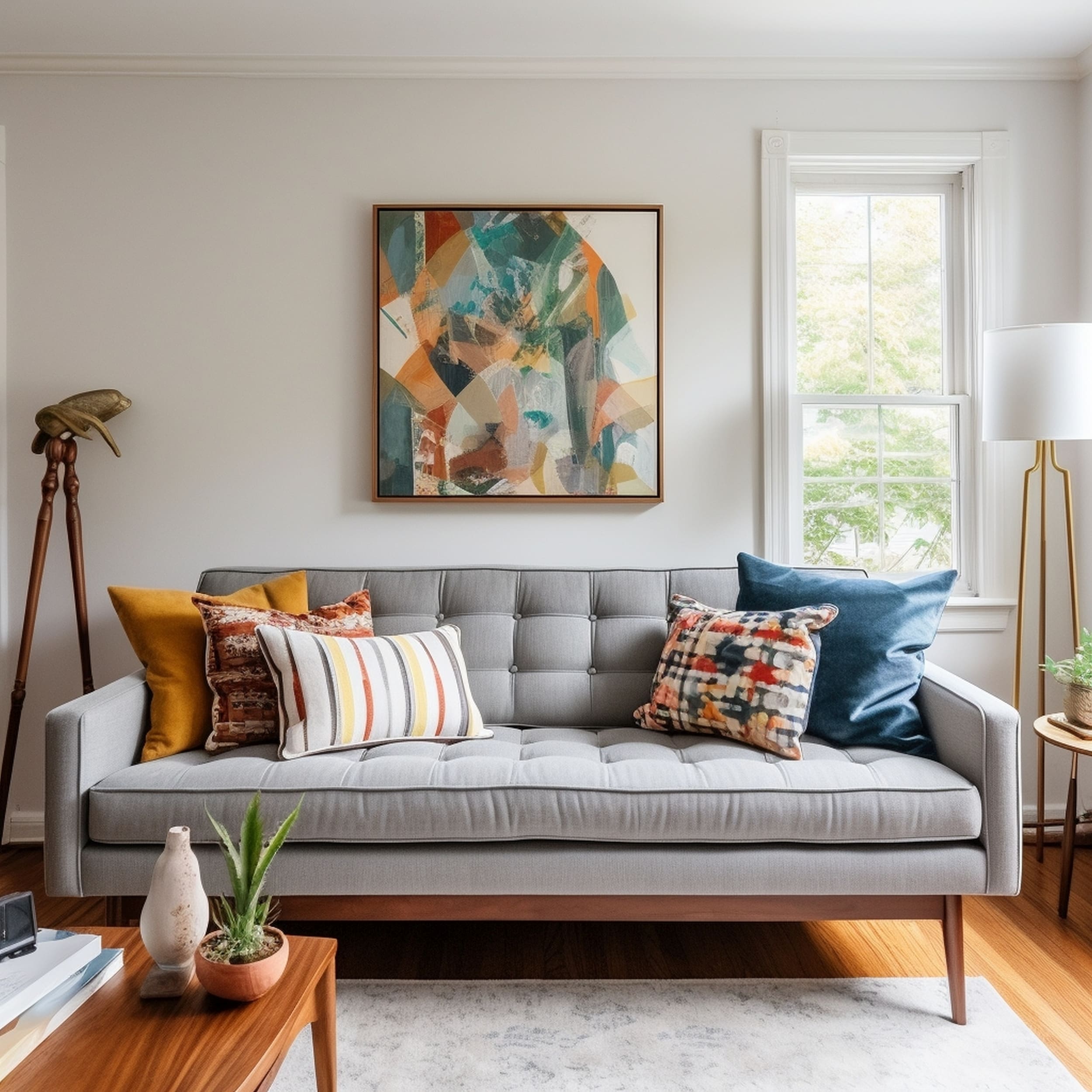 A Cozy Living Room Featuring a Compact Gray Couch With Multicolored Throw Pillows