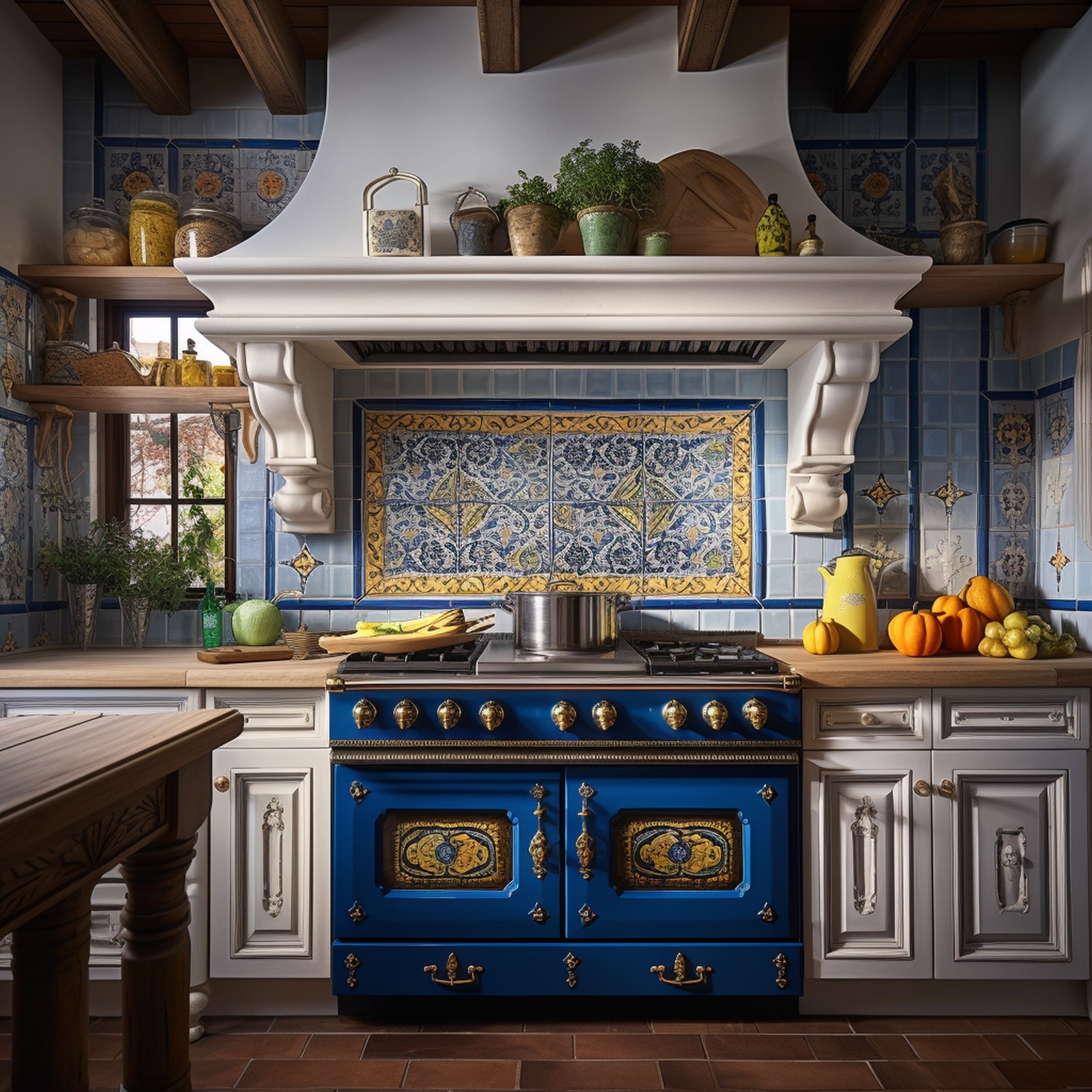 A Kitchen With Contrasting Blue and Yellow Colors for Its Backsplash