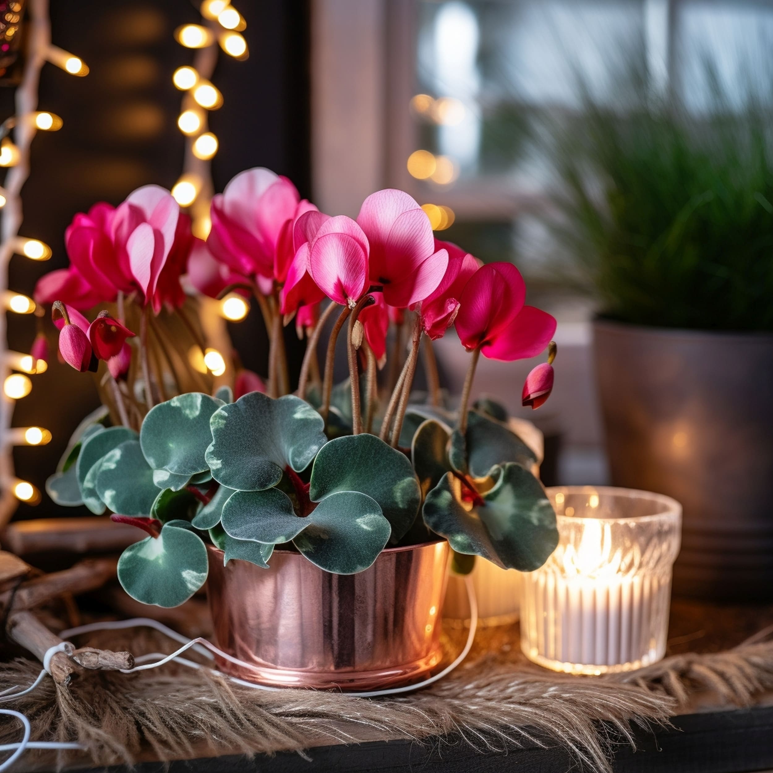 Cyclamen Plant in a Metal Pot Surrounded by String Lights and Lit Candles