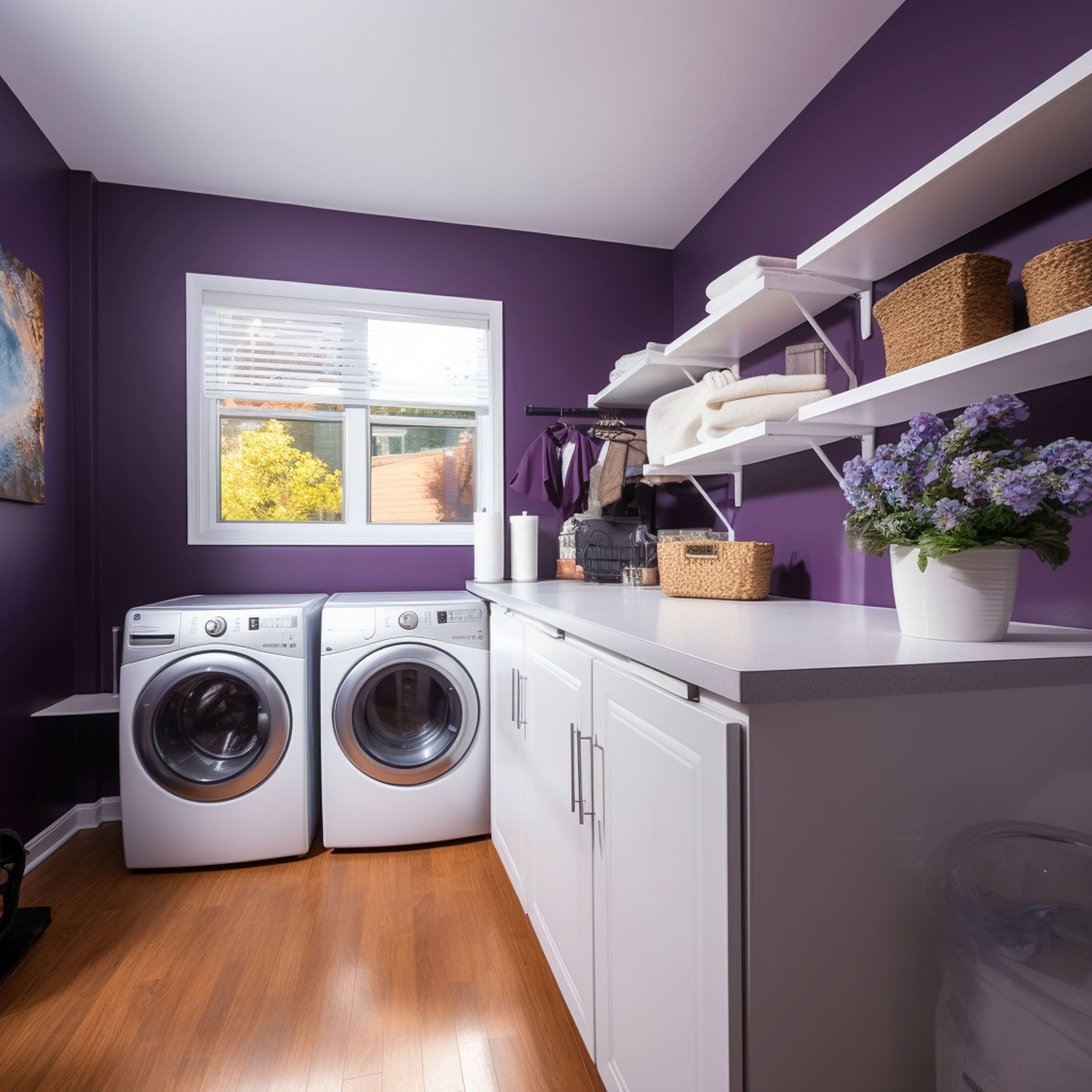 White Laundry Room With Eggplant Purple Painted Walls