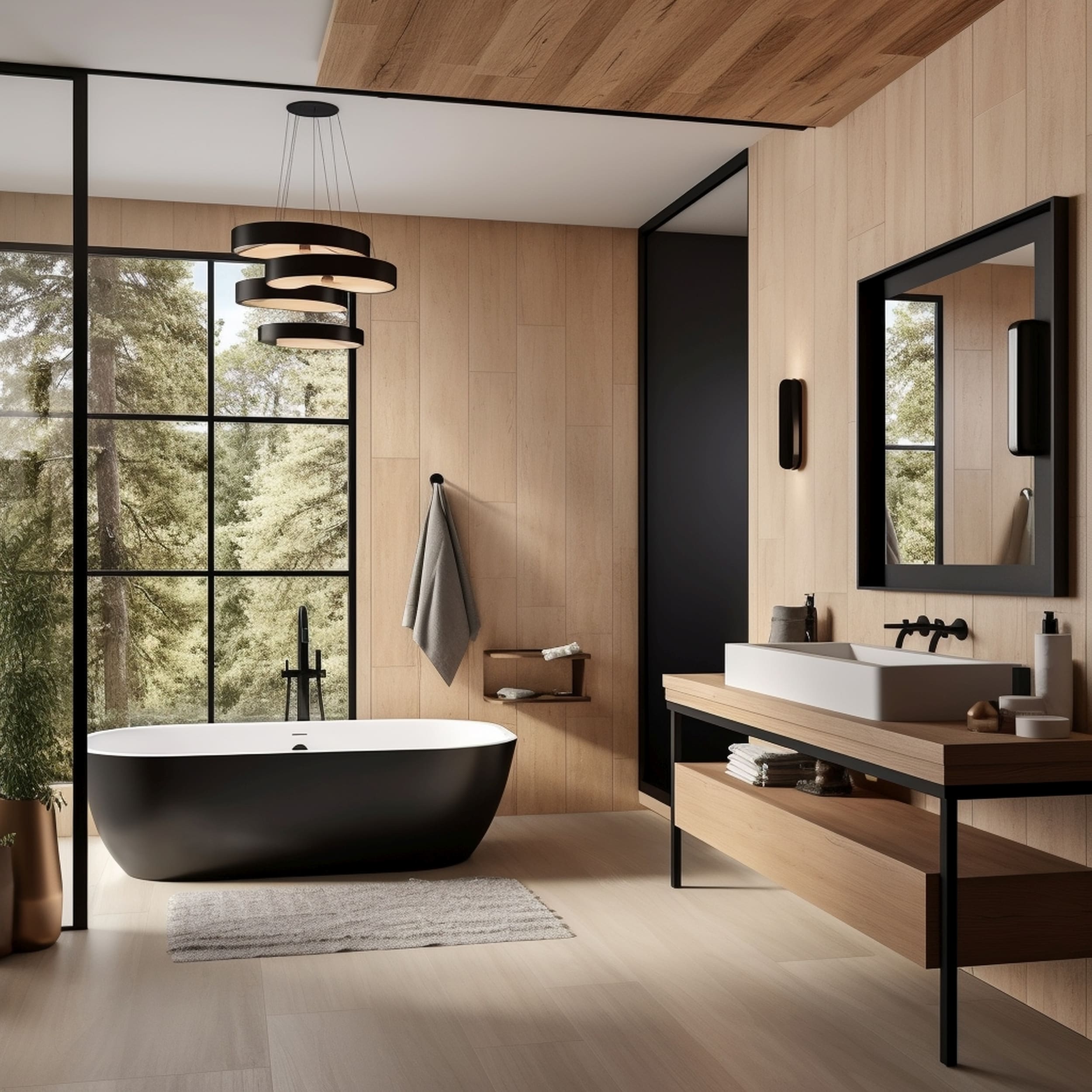 A Cozy Bathroom With Matte Black Fixtures and Warm Wood Details