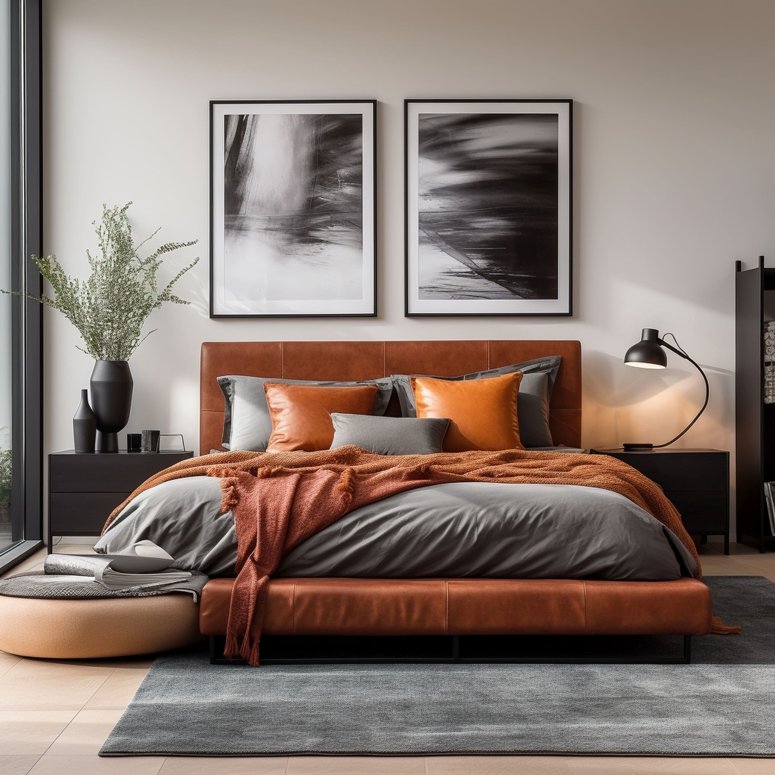 A Masculine Bedroom With a Rusty Orange Bed and Black Accessories