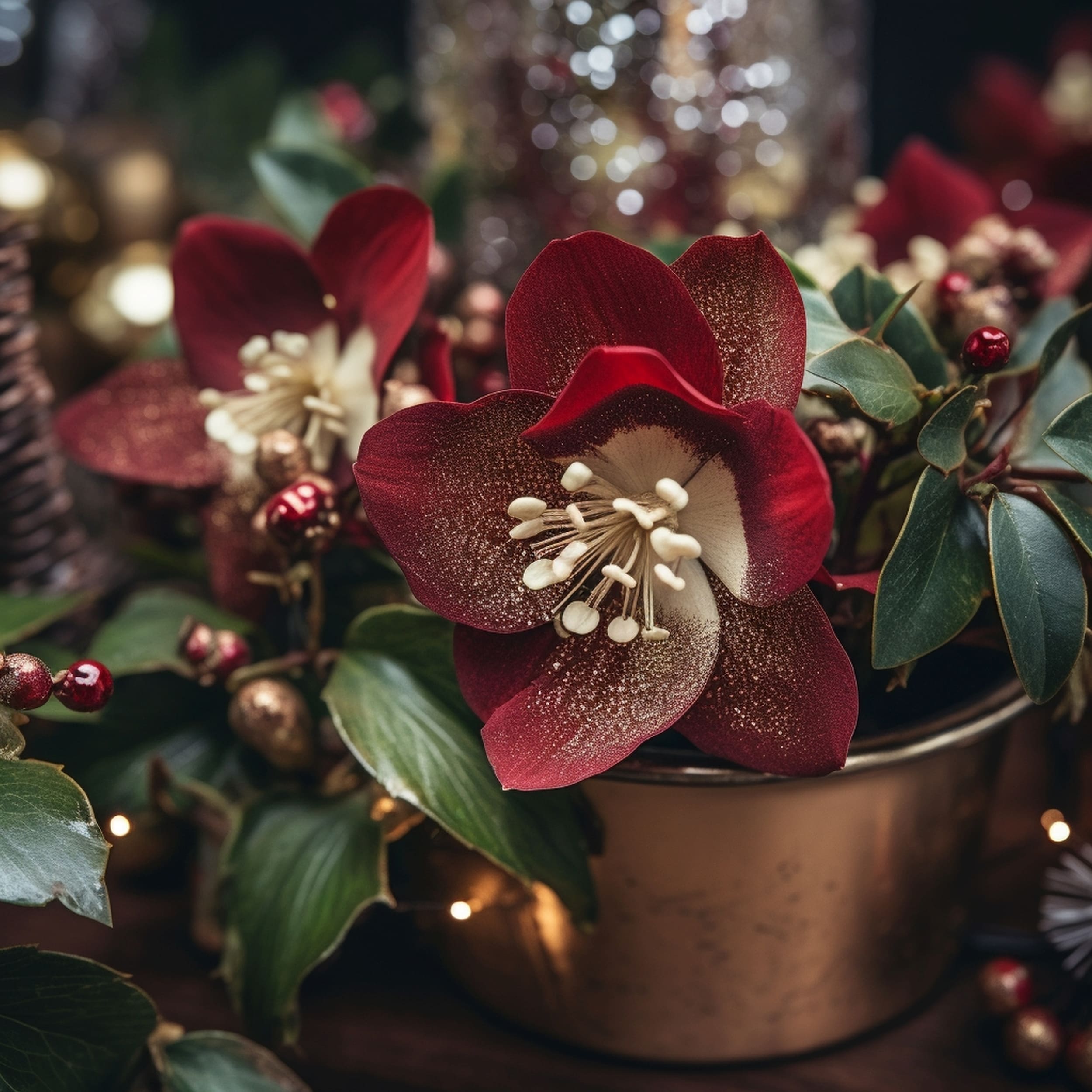 Marron Christmas Rose Plant Surrounded by Christmas Decorations