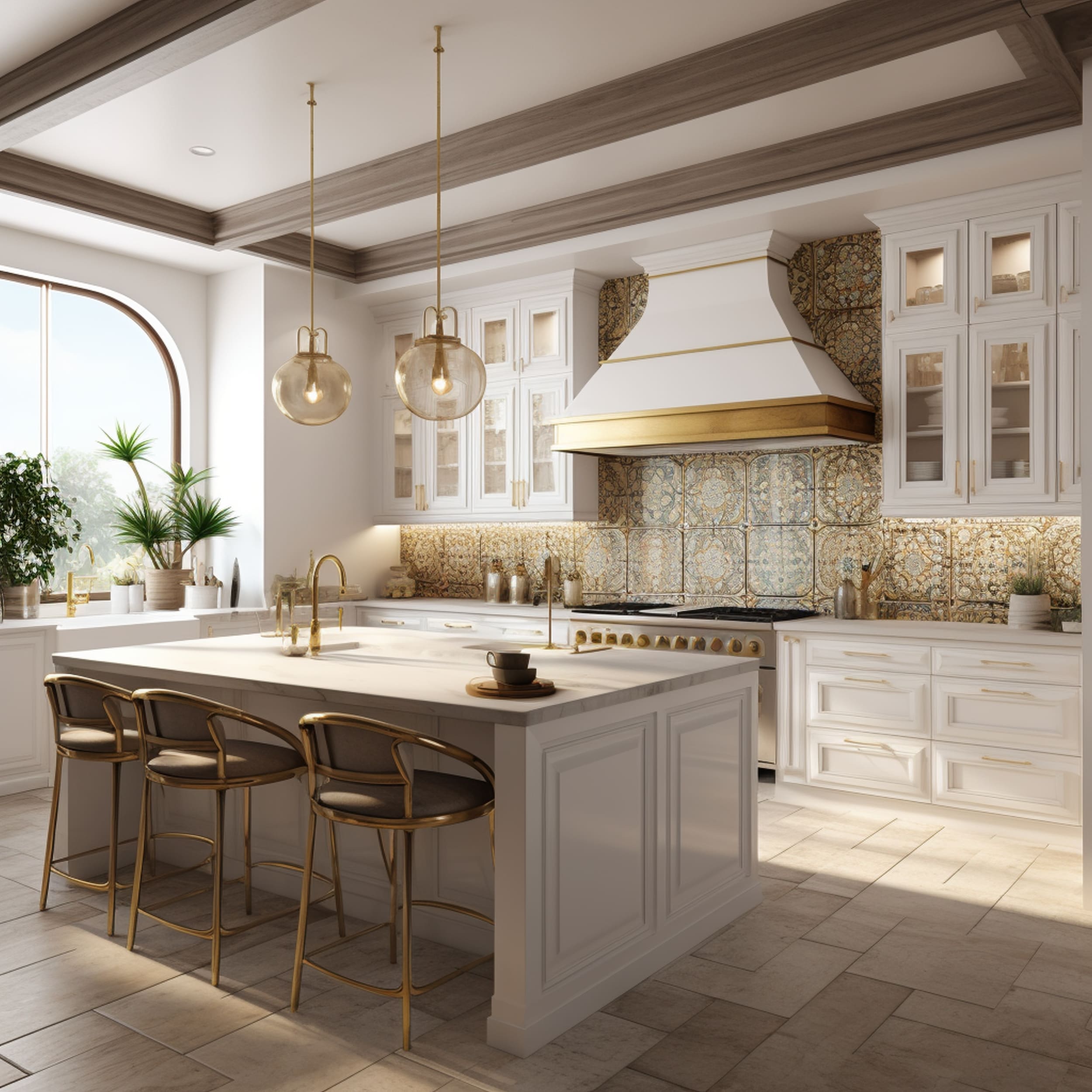 A Kitchen With Spanish Revival Influence Using a Gold Spanish Backsplash