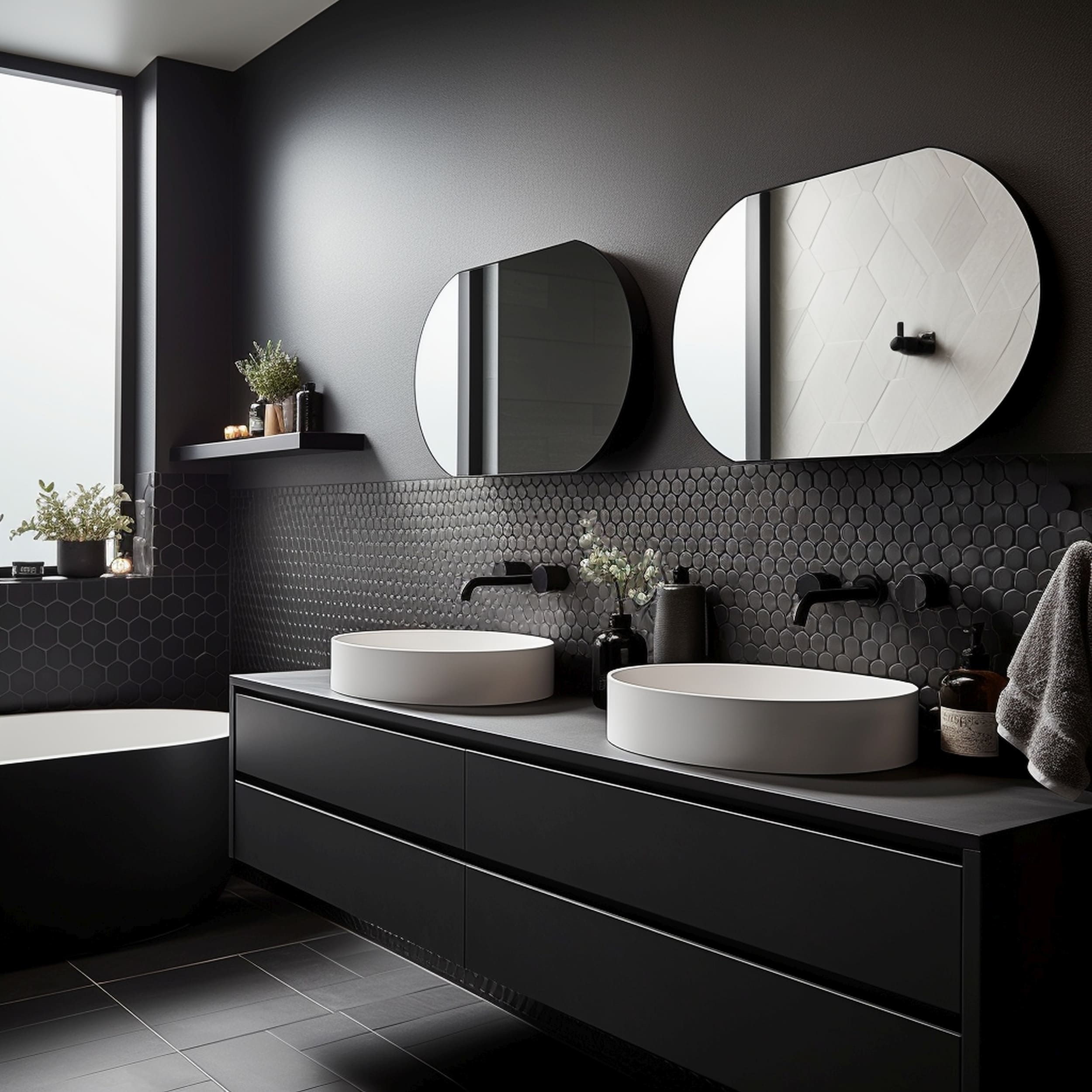 A Modern Bathroom With Matte Black Fixtures and Dark Honeycomb Patterned Wall Tiles