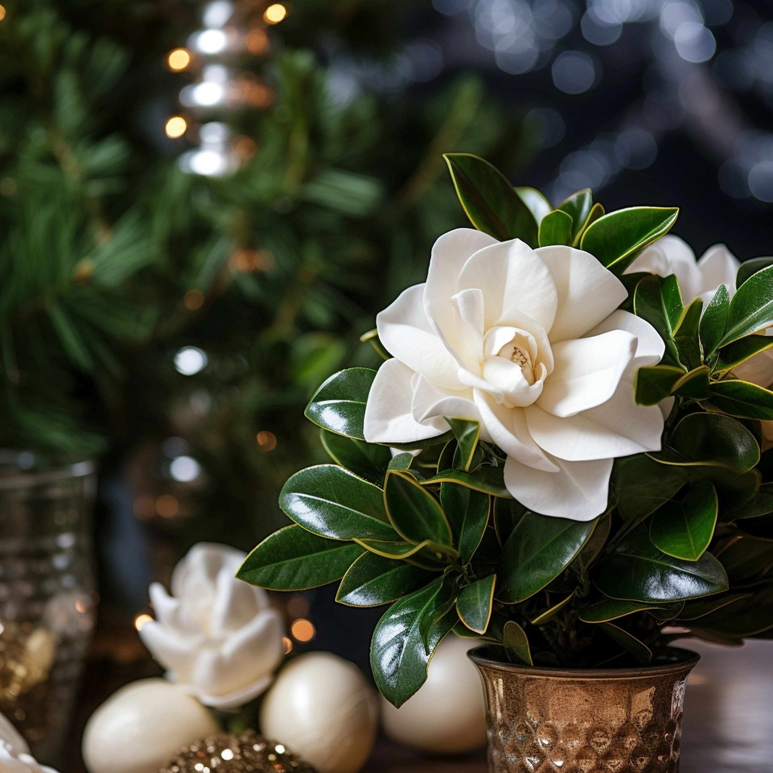 Gardenia Flower in a Tiny Pot With a Christmas Tree in the Background