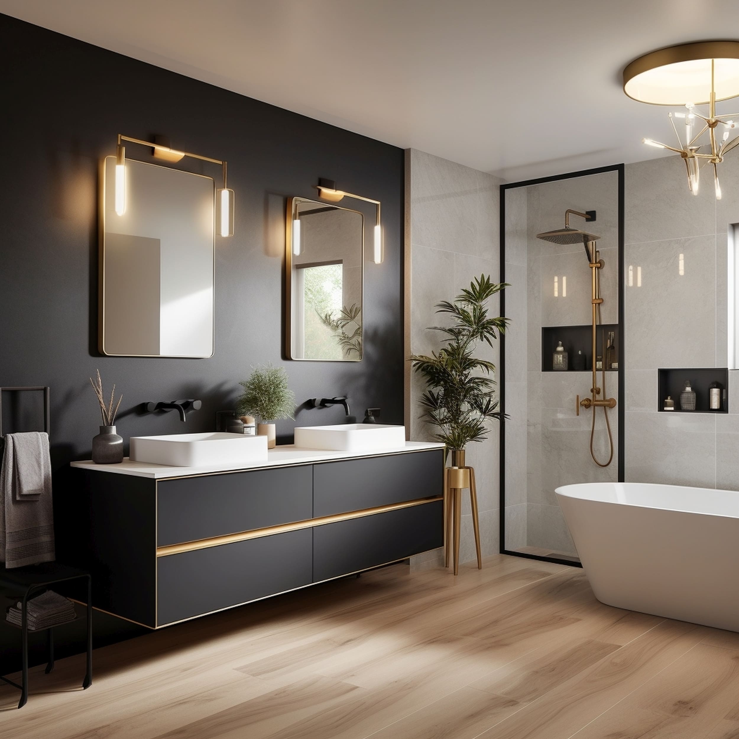 A Modern Bathroom With Matte Black Fixtures and Gold Accents