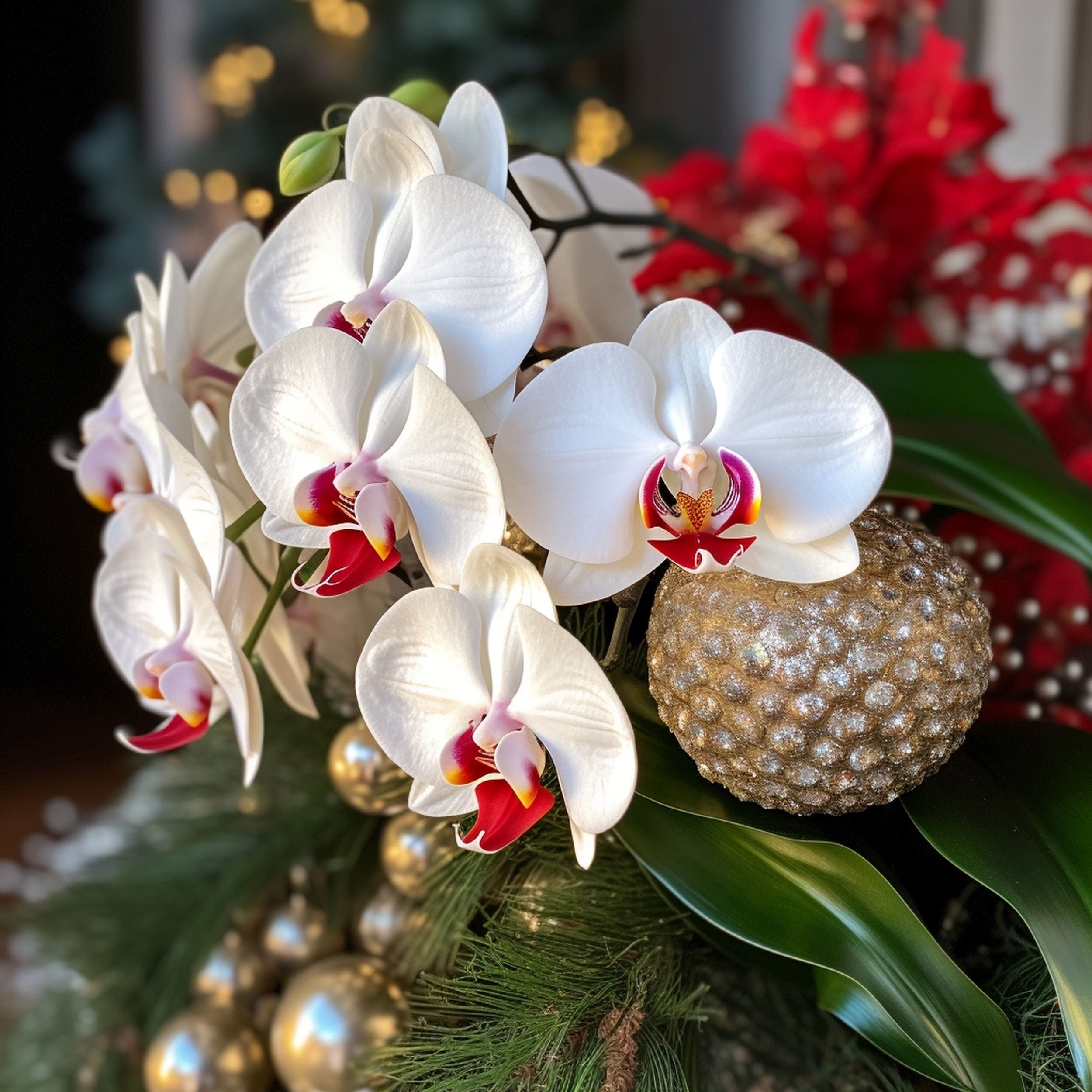 Moth Orchid Plant Surrounded by Christmas Decorations