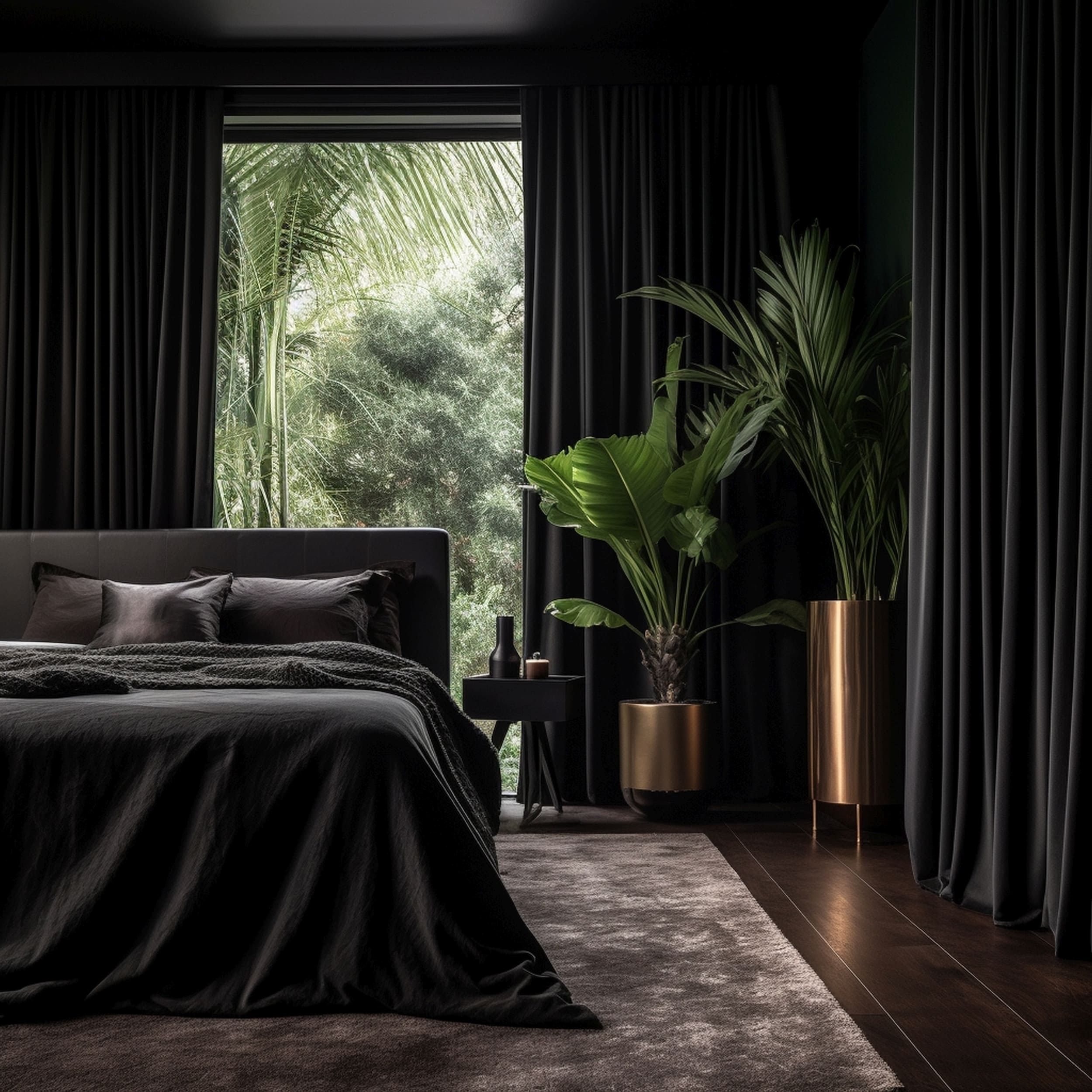 A Masculine Bedroom With a Dark Bed and Tropical Plants