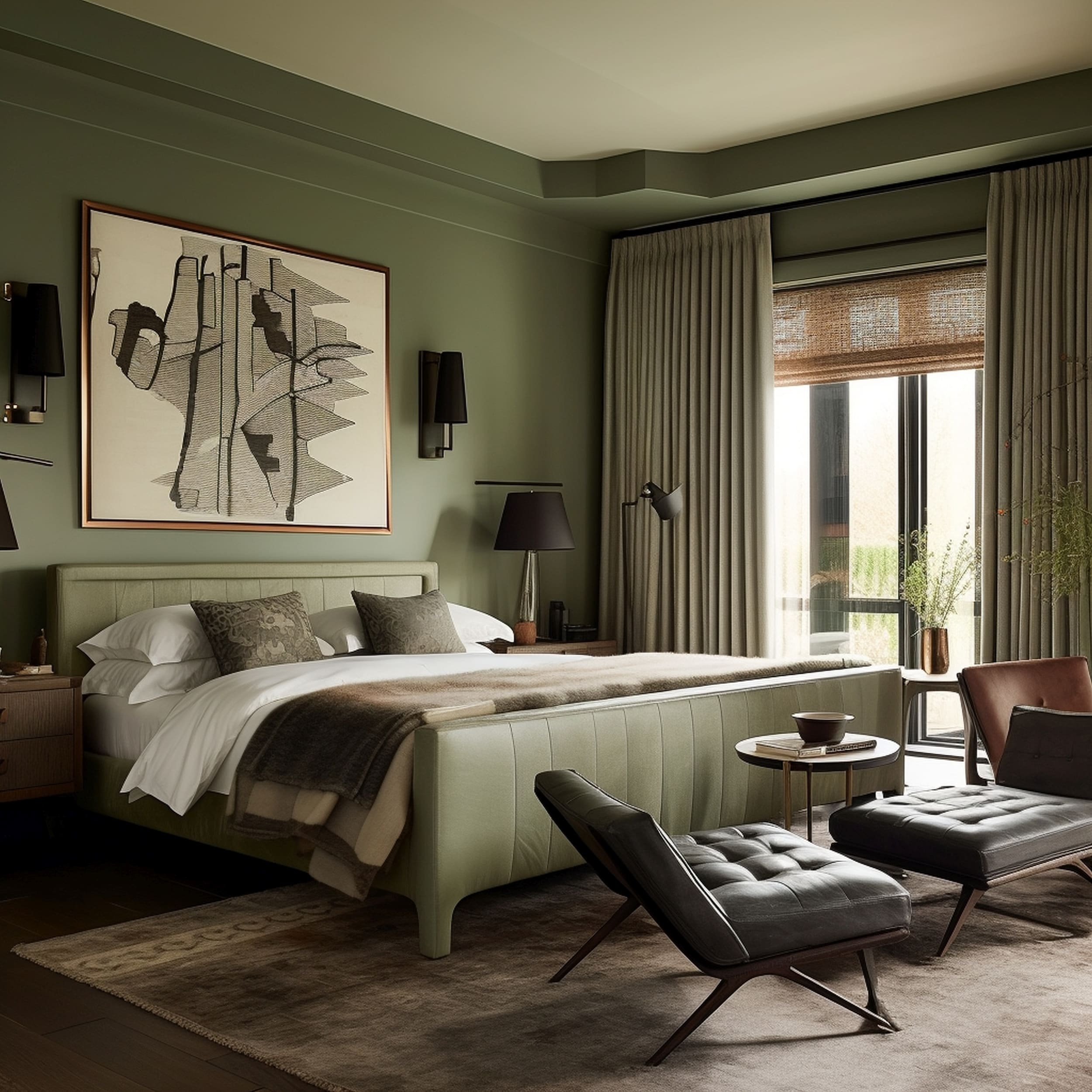 A Masculine Bedroom With a Serene Sage Green Color Scheme