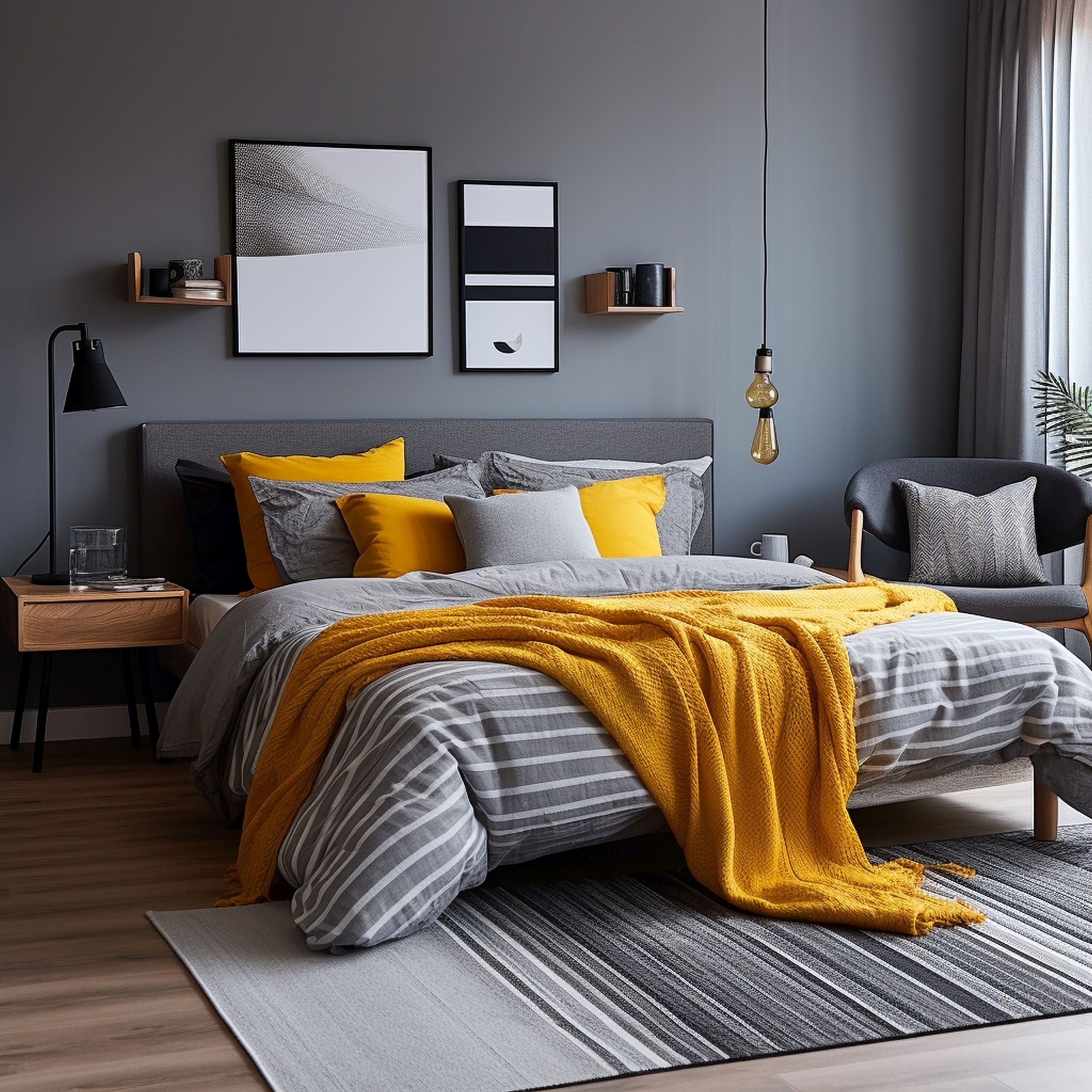 A Masculine Gray Bedroom With Mustard Yellow Bedding Accessories