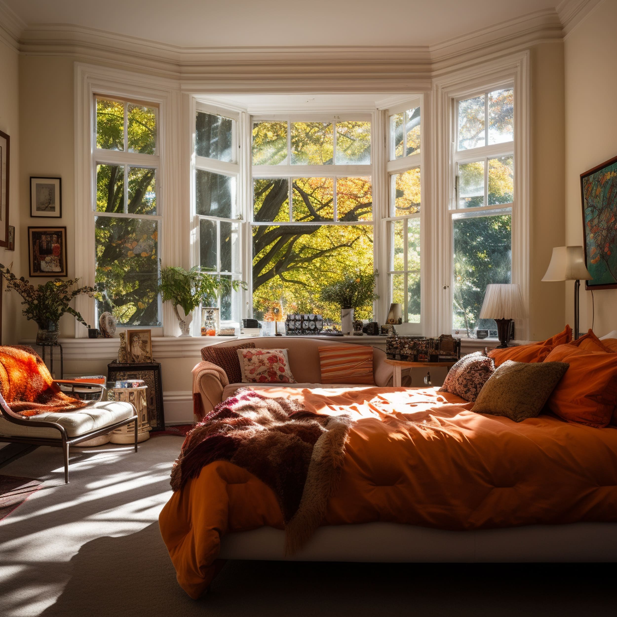 A Bedroom With a Beige Couch Near The Window