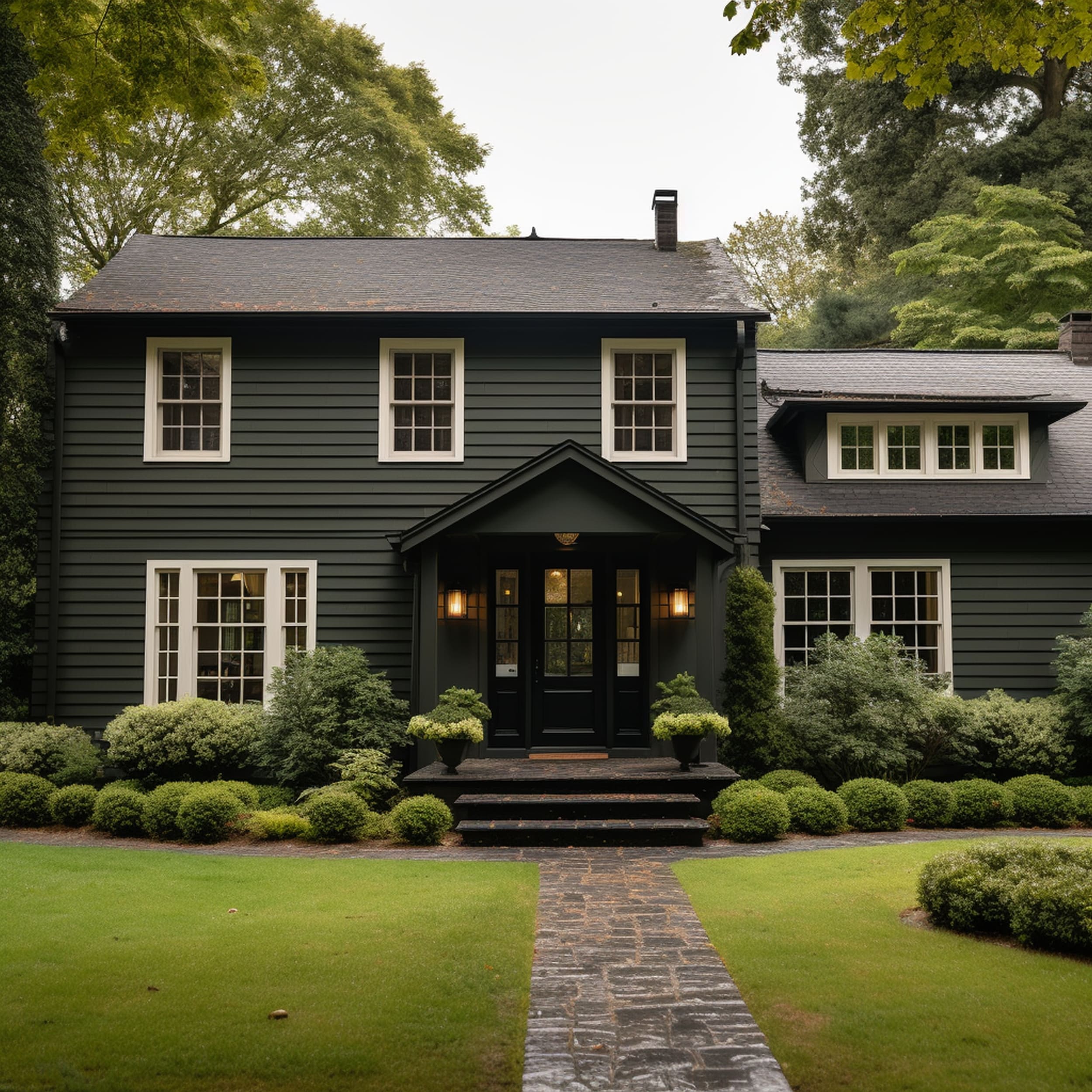 A Green House With a Black Front Door