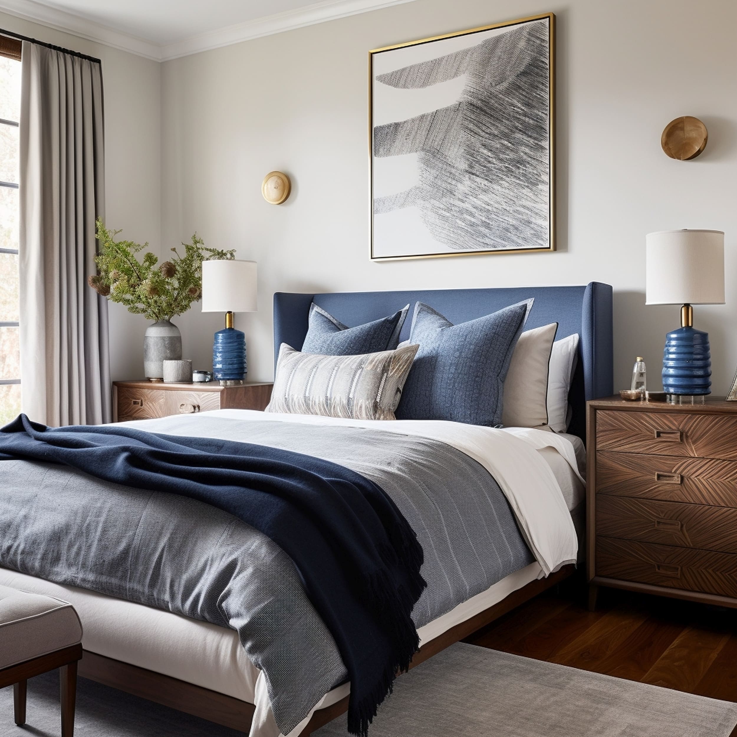 A Masculine Bedroom With A Dark Wood Dresser and Blue Bedding Items