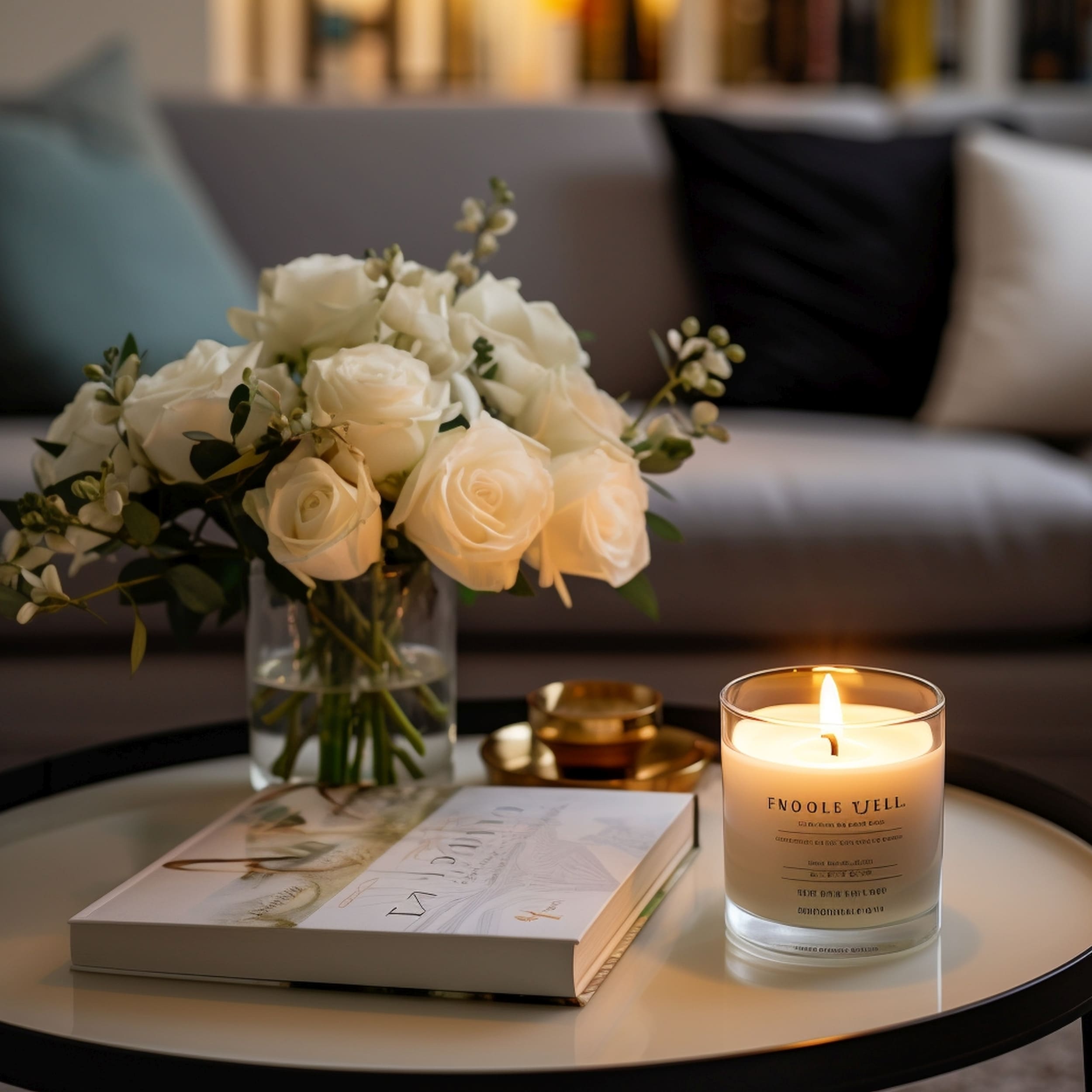Scented Candle on a Living Room Coffee Table Next to a Book