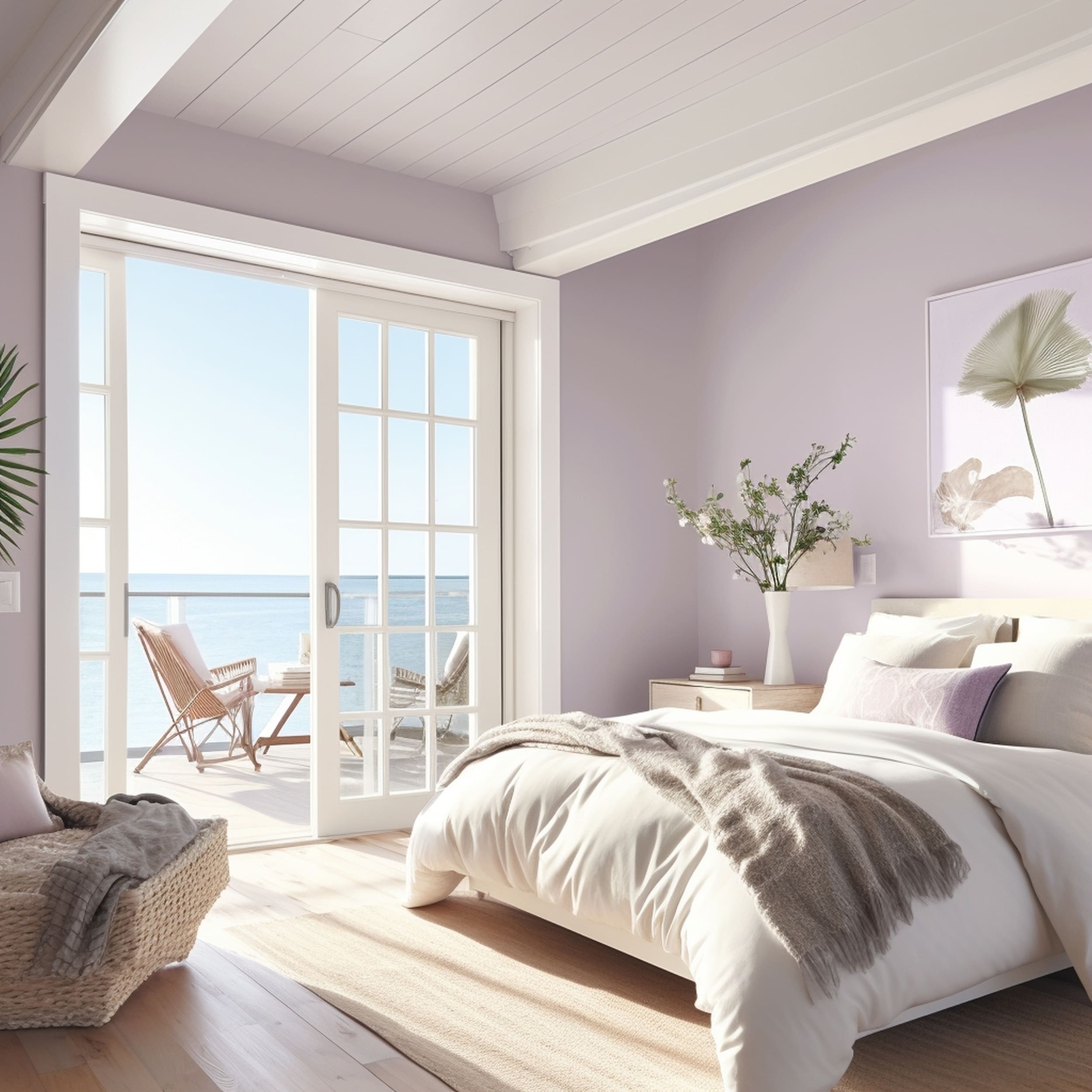 Coastal Purple Bedroom With White Sliding Doors
