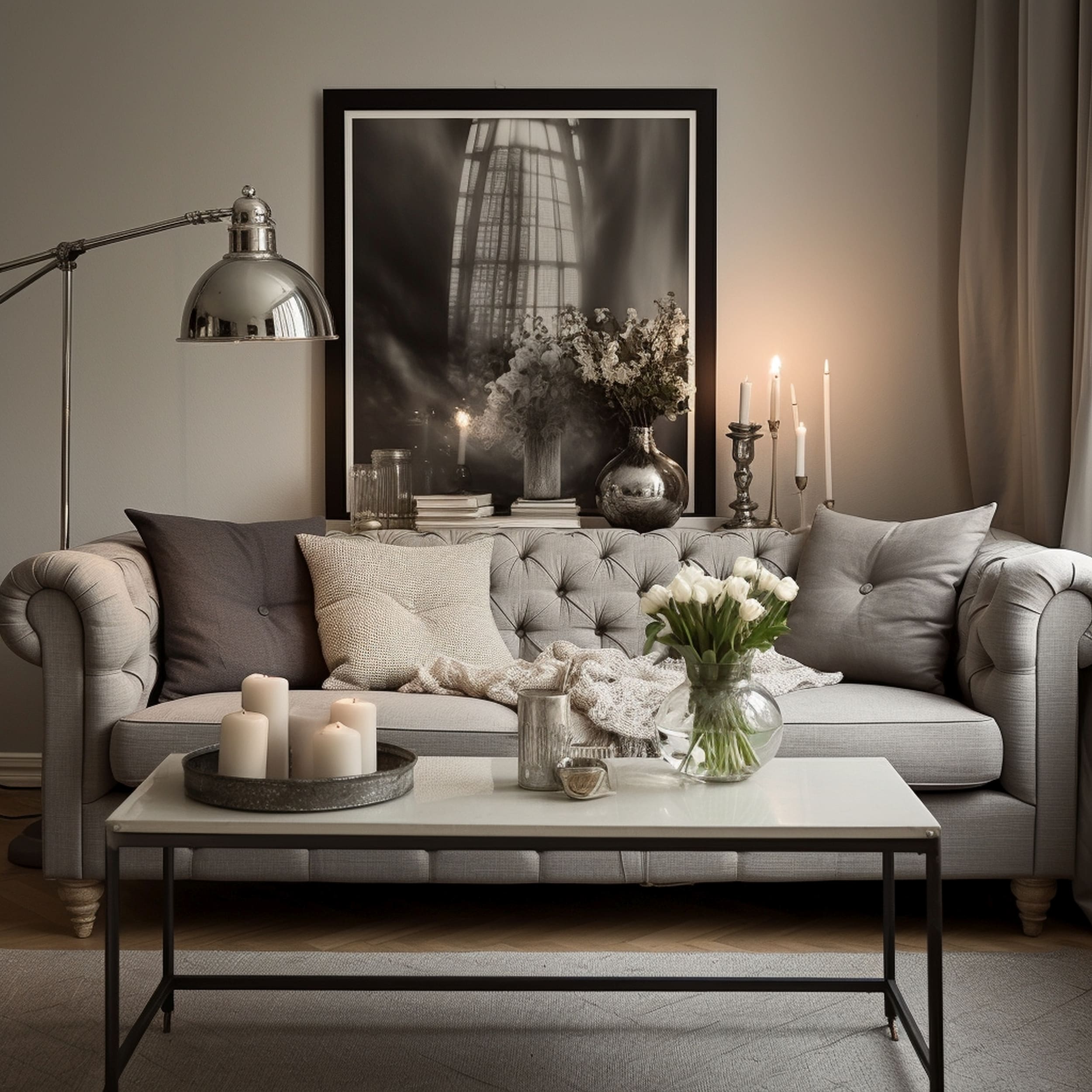 Gray Couch With Beige and Black Throw Pillows