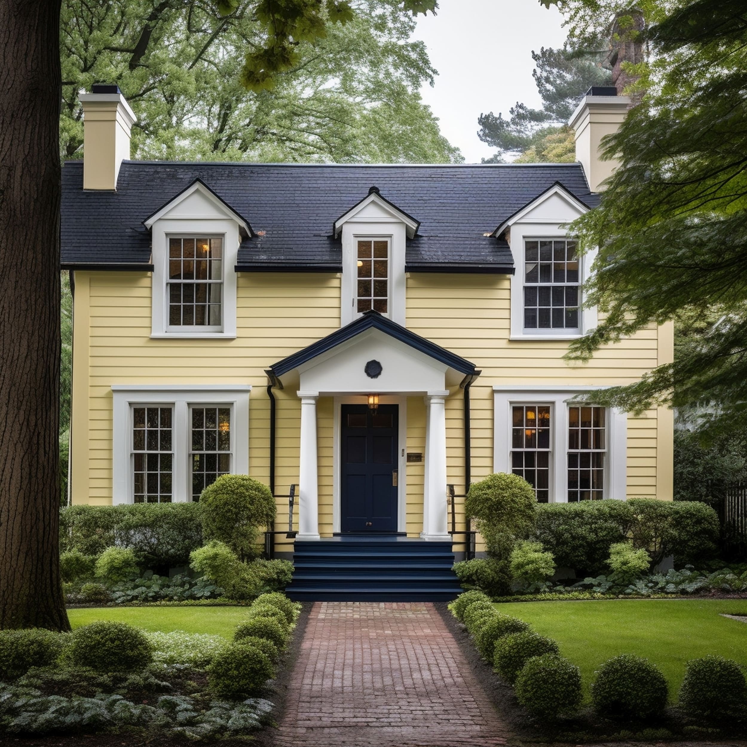 Modern Home With Pale Yellow Siding and A Navy Blue Front Door