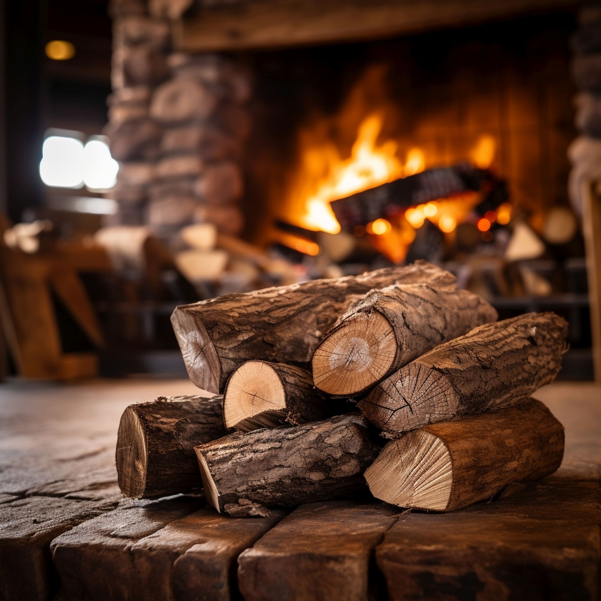 Pile Of Oak Firewood Sitting Next to a Fireplace