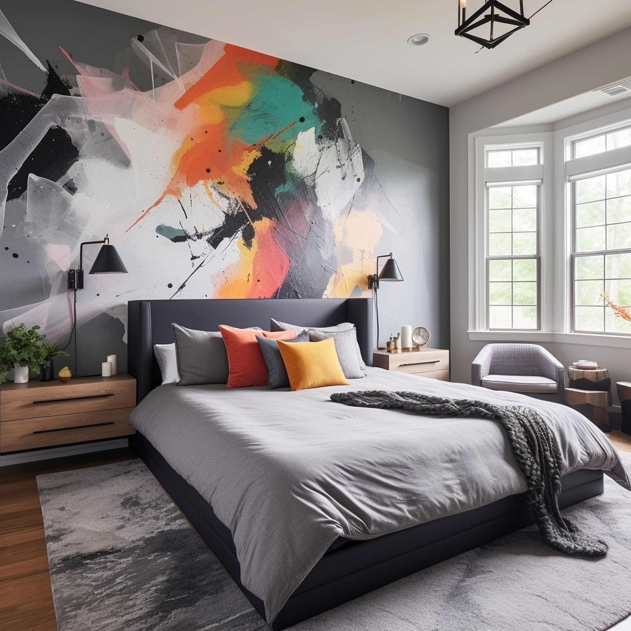 A Masculine Bedroom With an Abstract and Colorful Mural Above The Bed