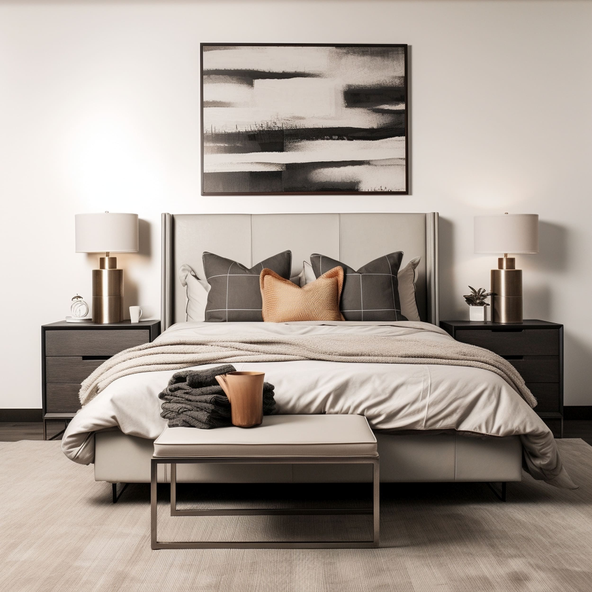 A Masculine Bedroom With a Neutral Color Scheme Using Muted Tones of Beige And Gray