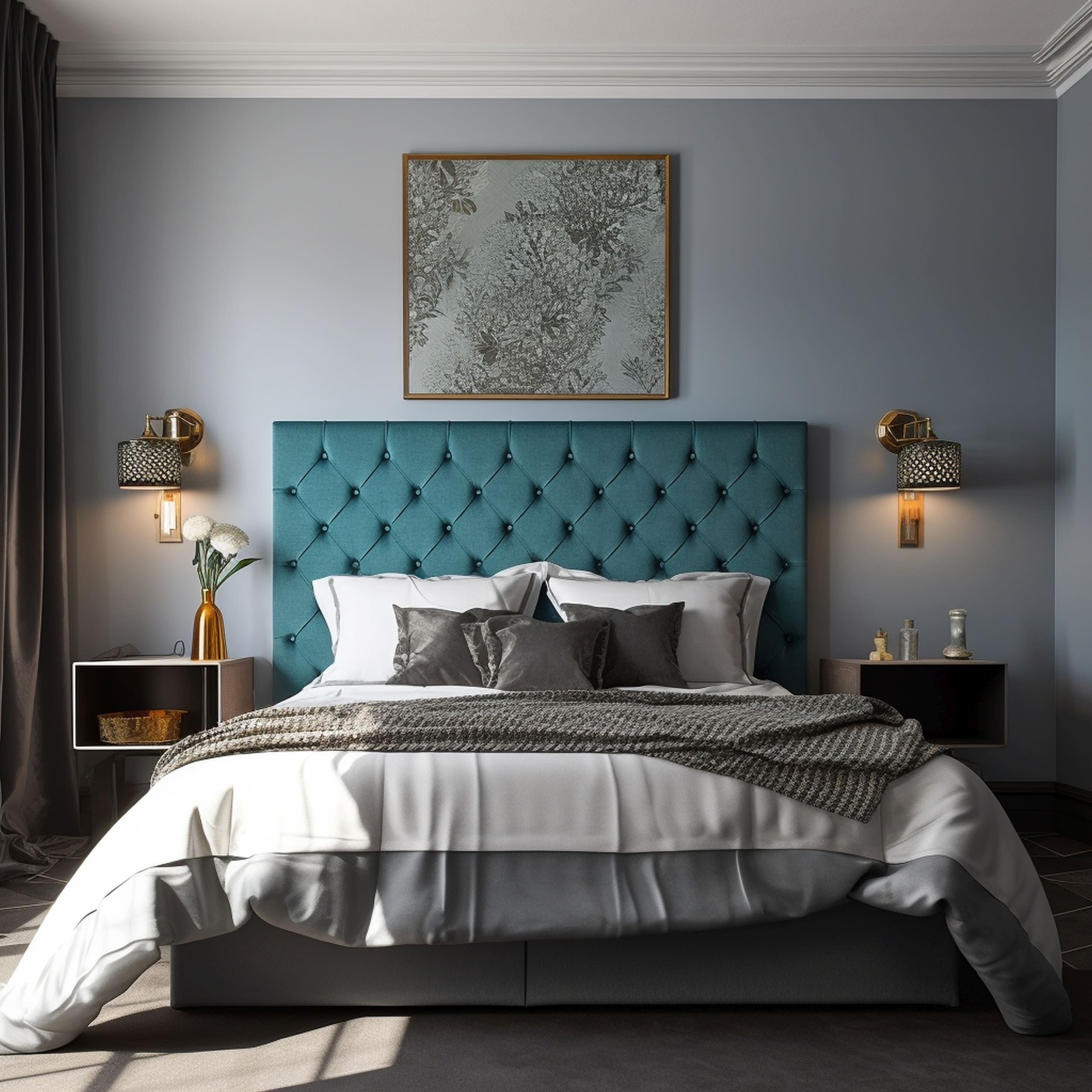 A Masculine Bedroom With a Bold Blue Headboard on a Gray Bed