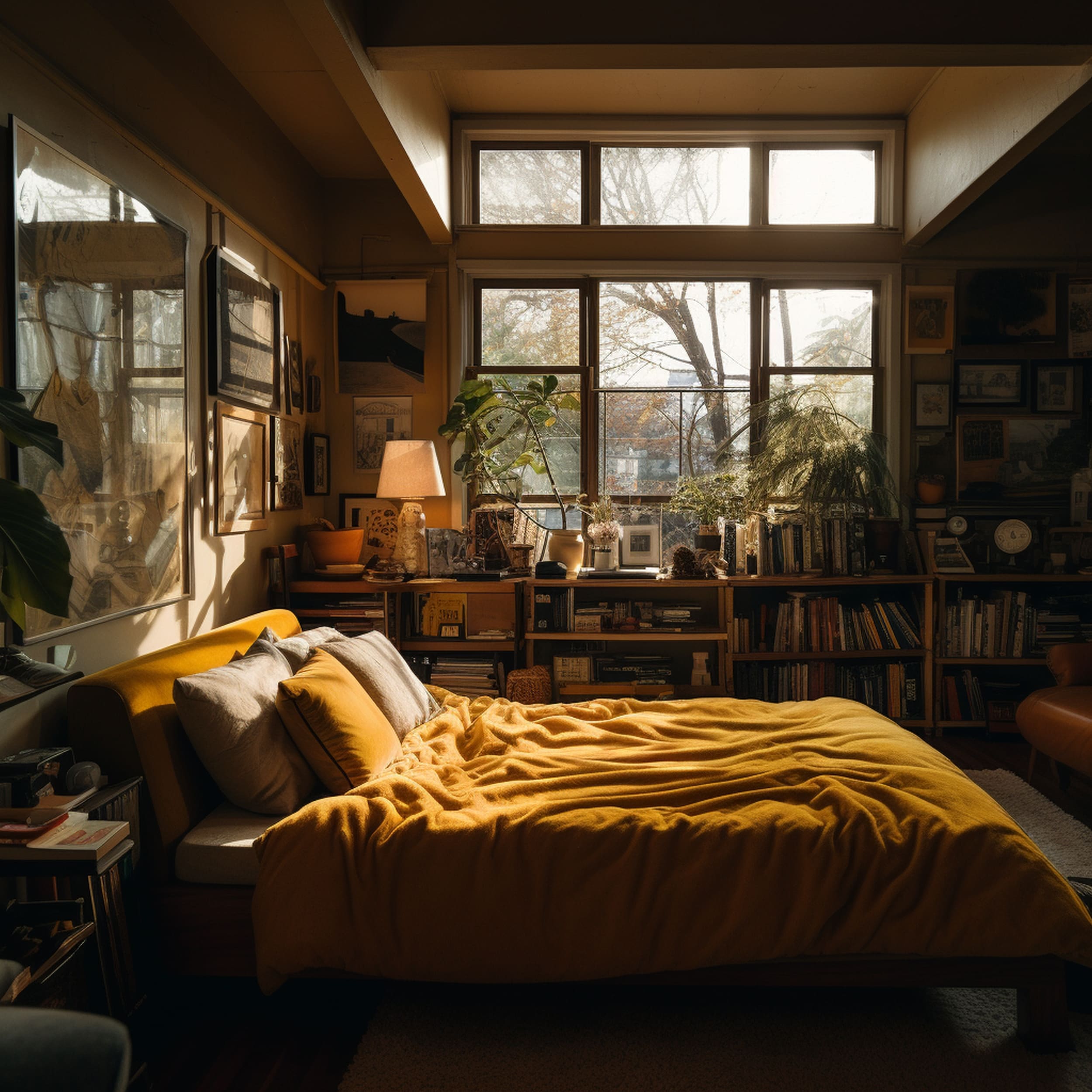 A Bedroom With a Mustard Yellow Couch Against the Opposite Wall
