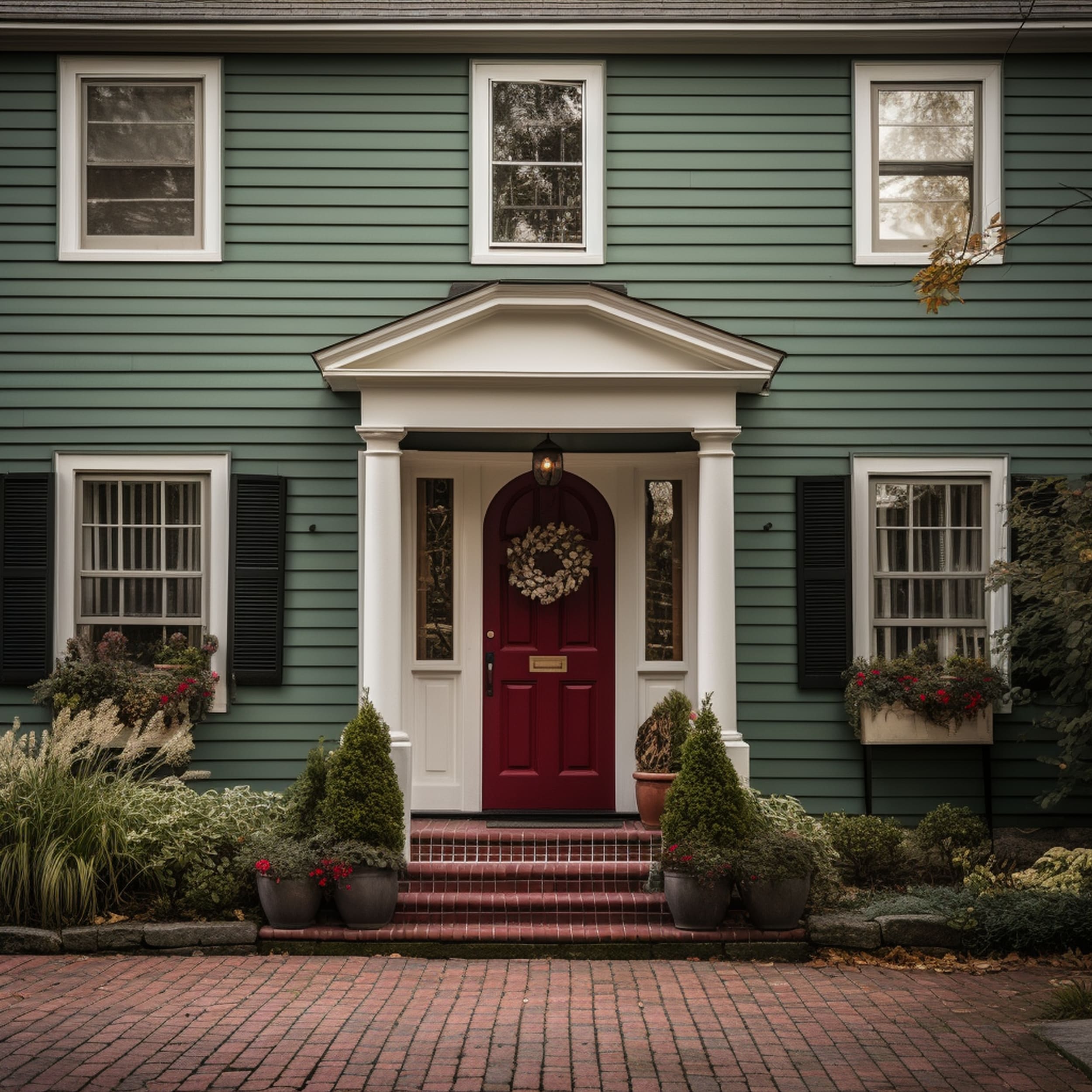 A Green House With a Burgundy Red Front Door