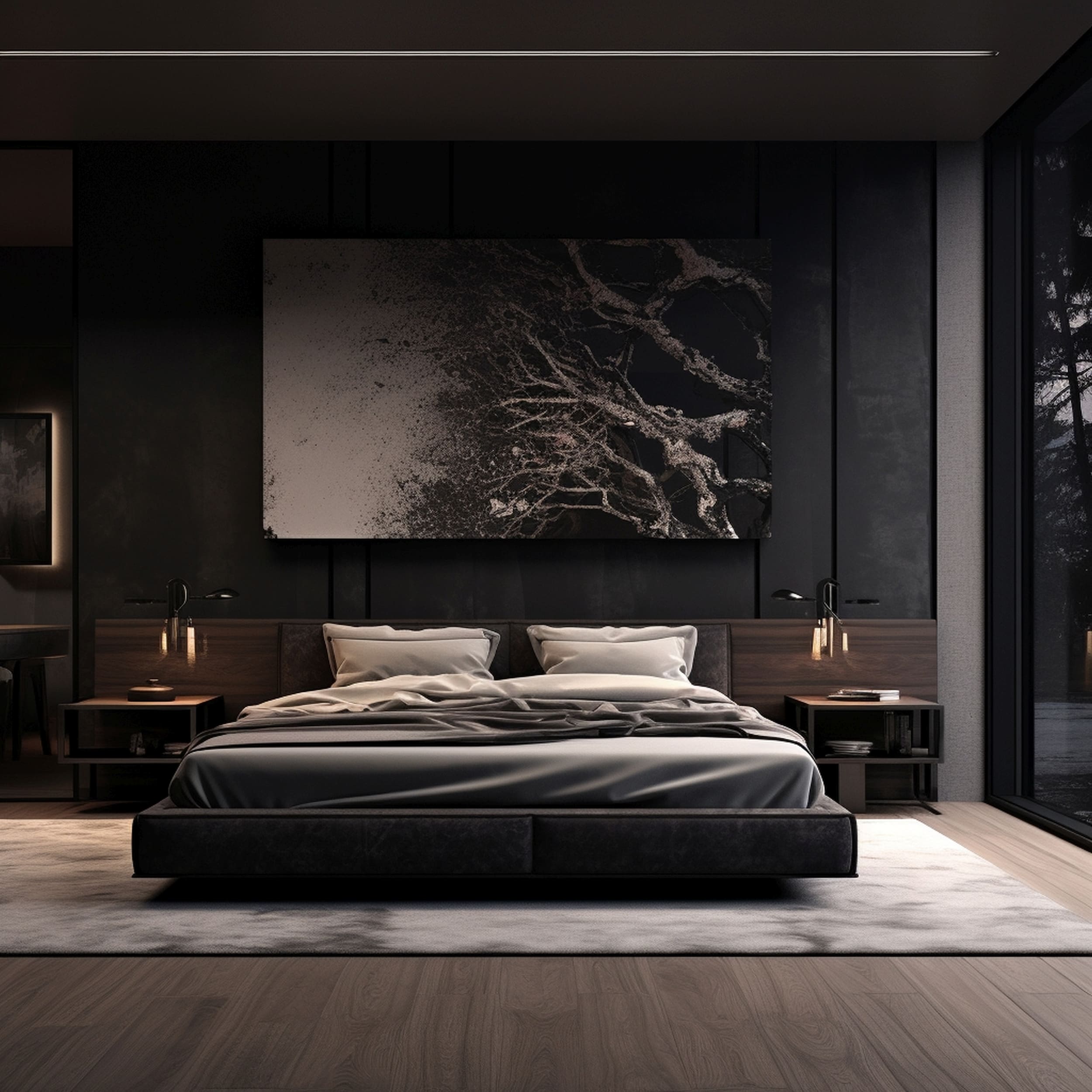 A Masculine Bedroom With a Dark Artwork Above the Bed