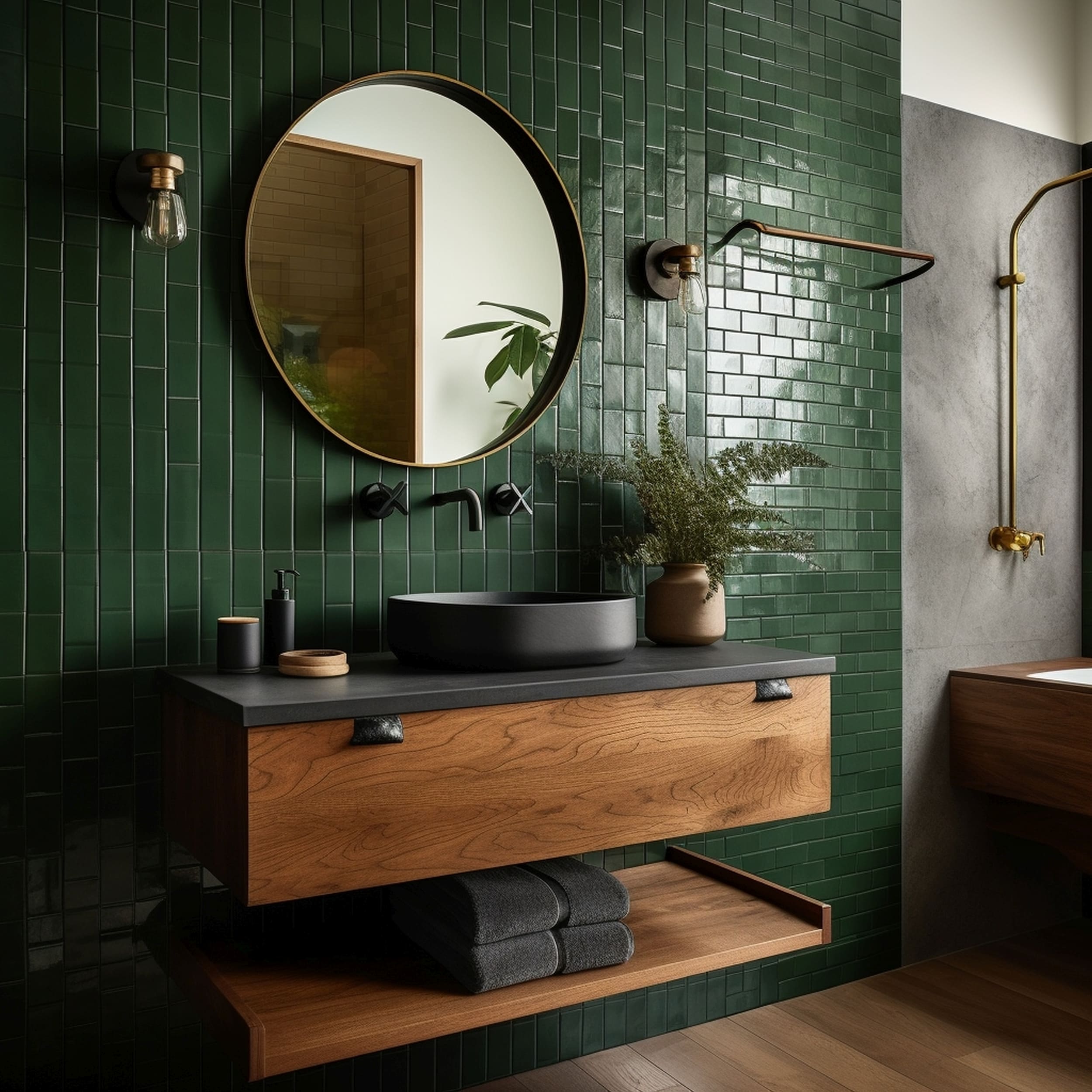 A Modern Bathroom With Matte Black Fixtures and a Green Accent Wall