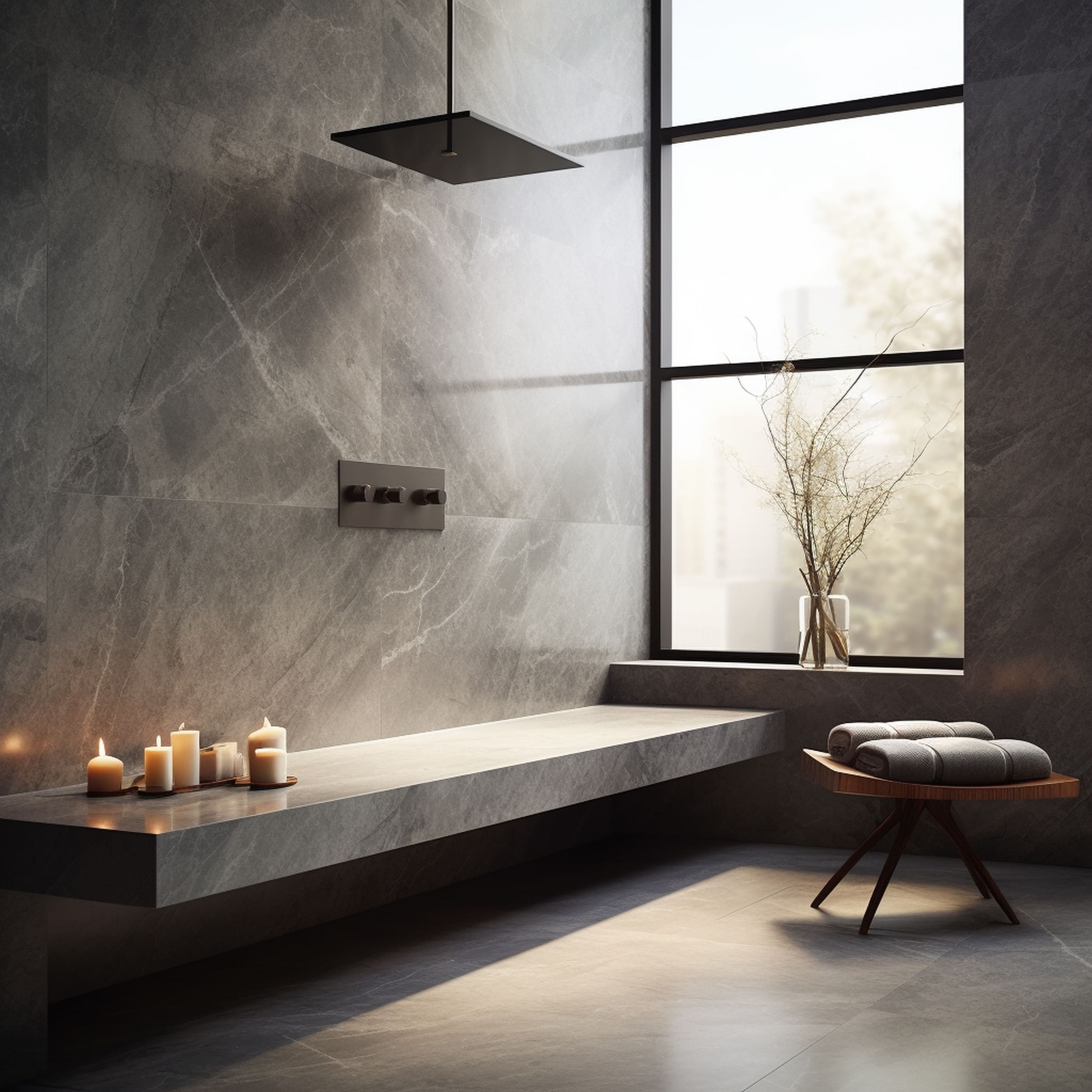 A Modern Shower With a Floating Bench and a Gray Marble Interior