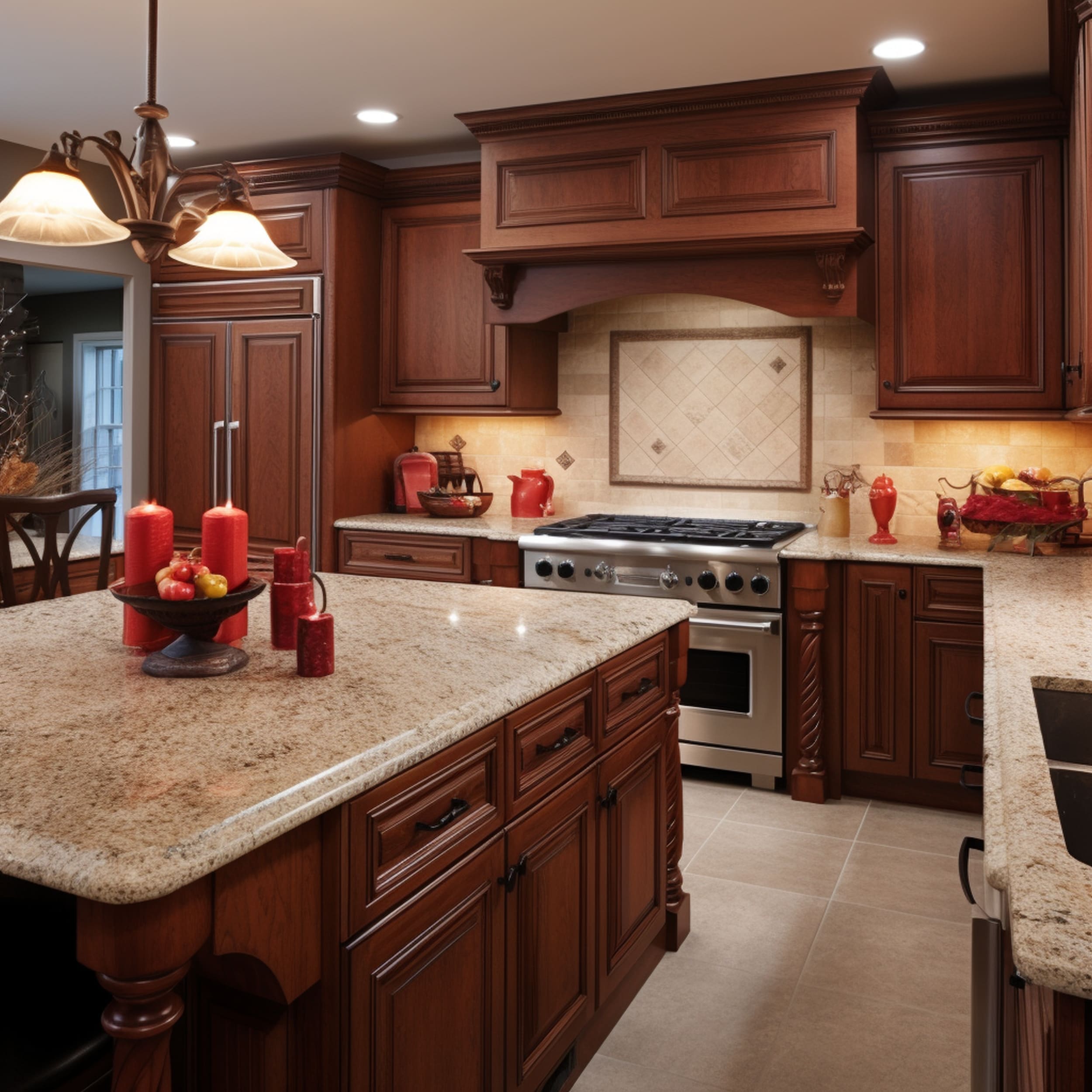 A Traditional Kitchen With Beige Countertops And Brown Cabinets