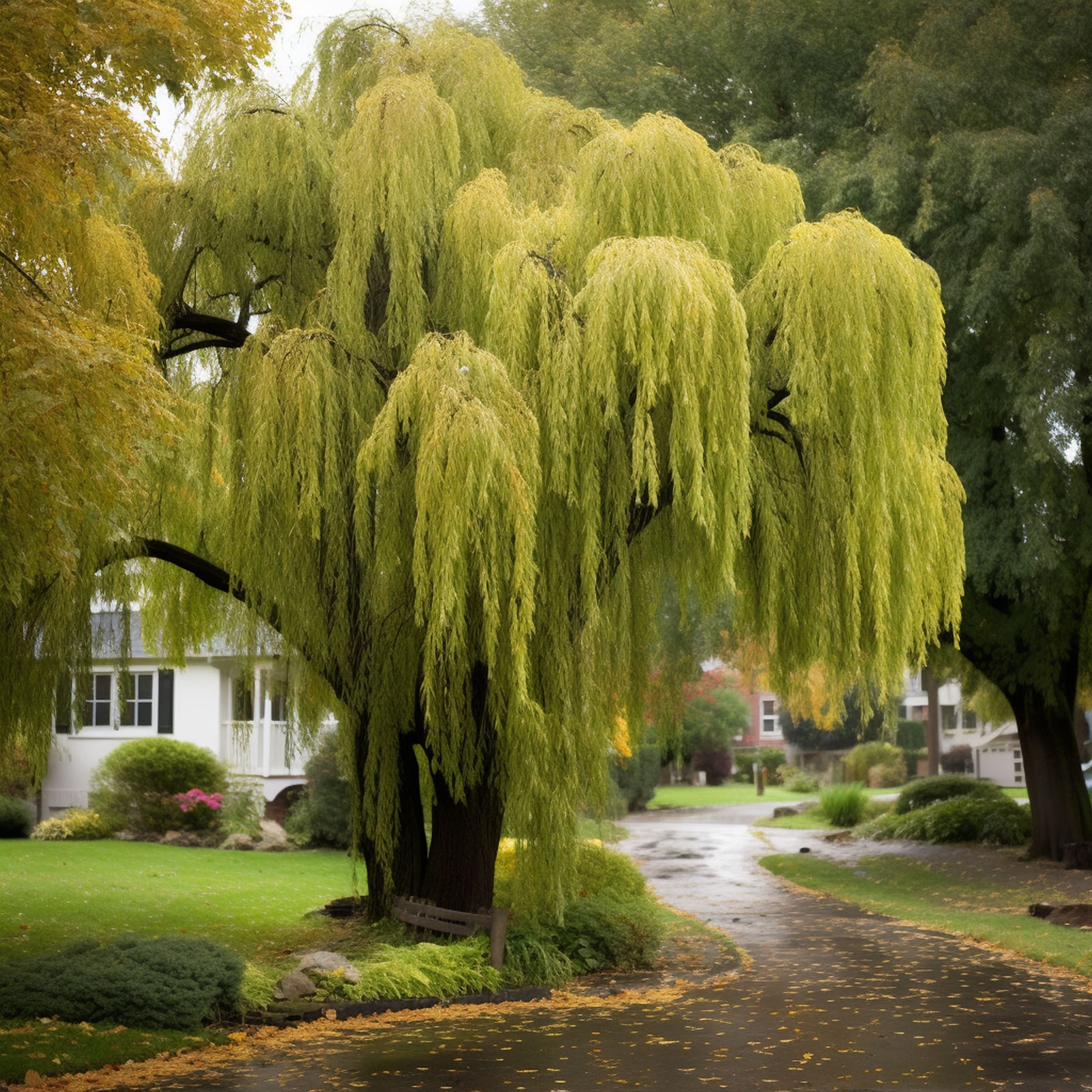 A Weeping Willow Tree in a Yard